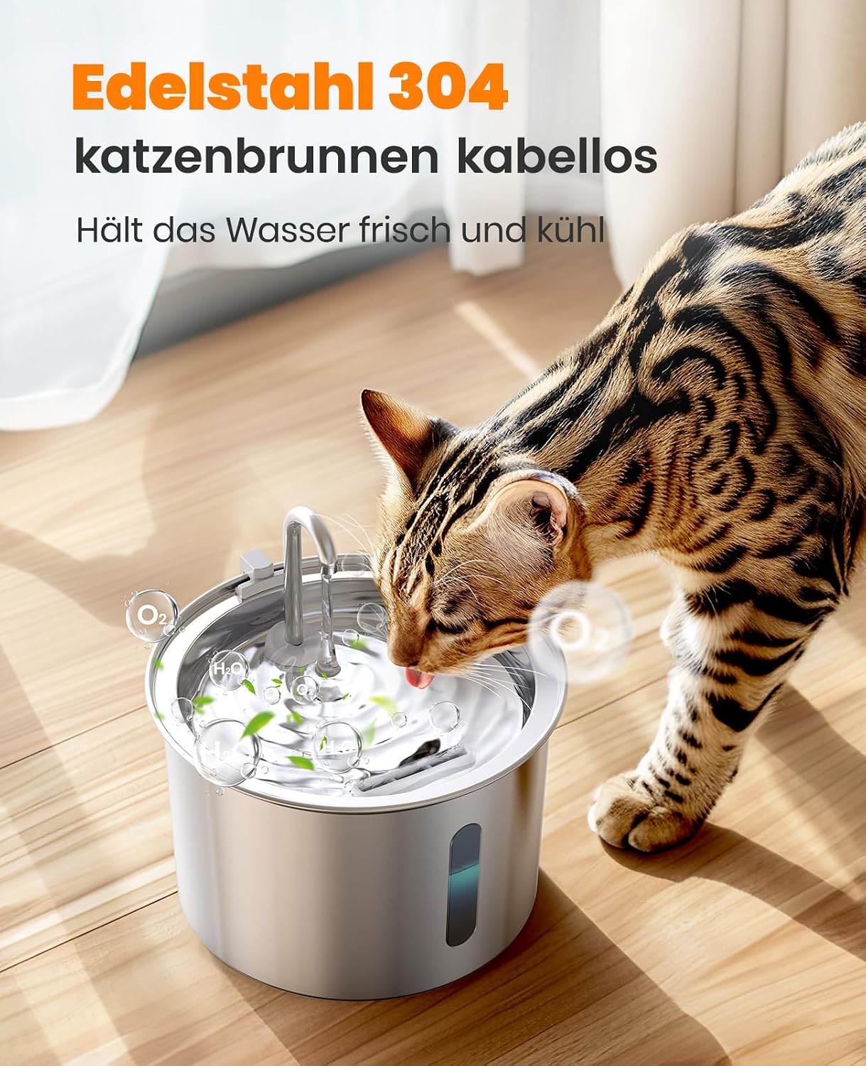 oneisall Katzenbrunnen Edelstahl leiser Trinkbrunnen mit Wasserstand LED