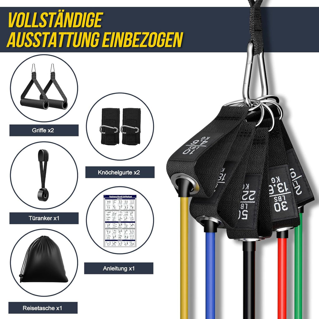 Fokky Resistance Bands Set 5 Baender mit Tueranker, Griffen und Knoechelriemen