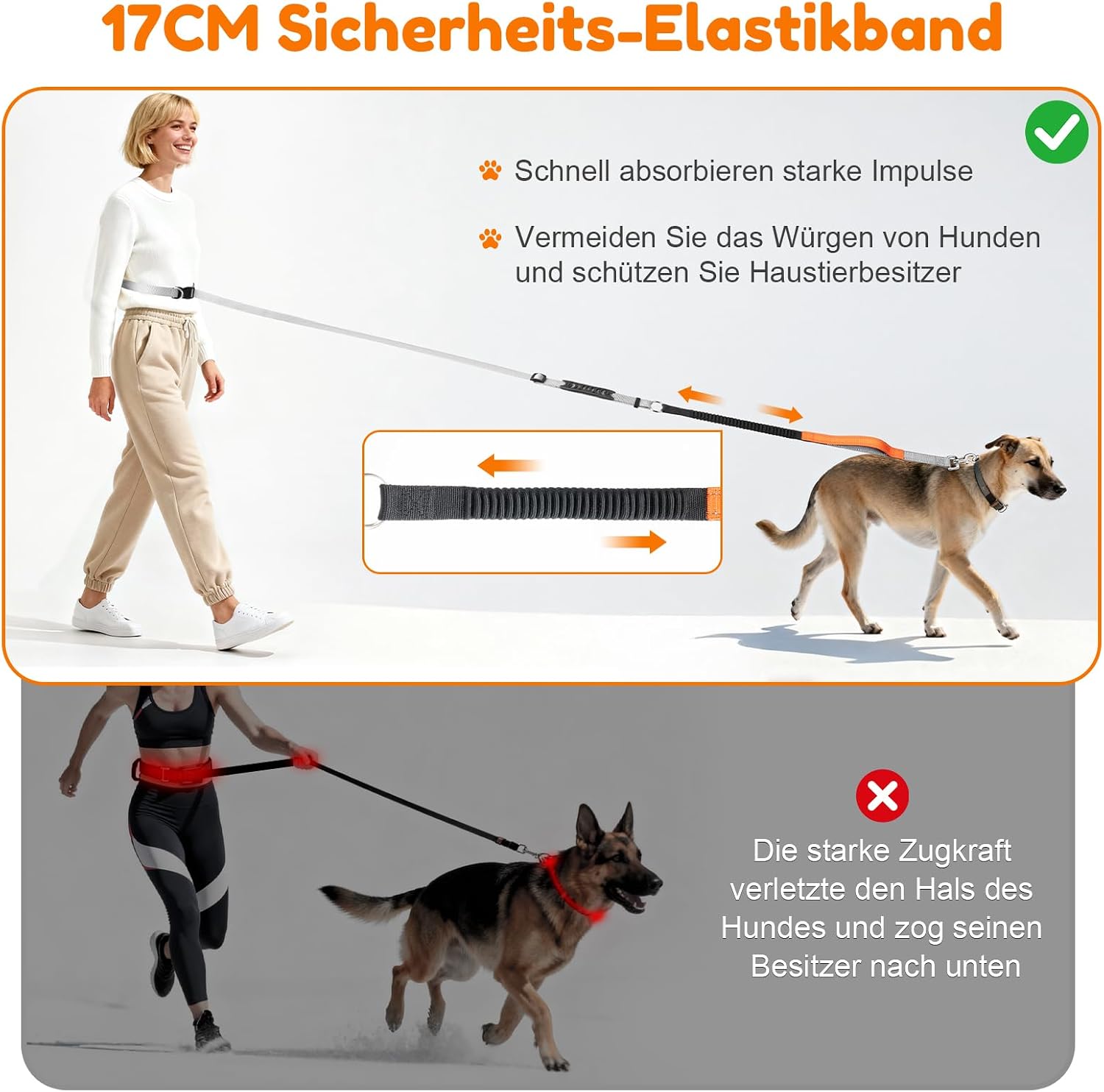 XBEN Joggingleine für Hunde 2,2m-2,35m mit Dualgriff Freihandleine