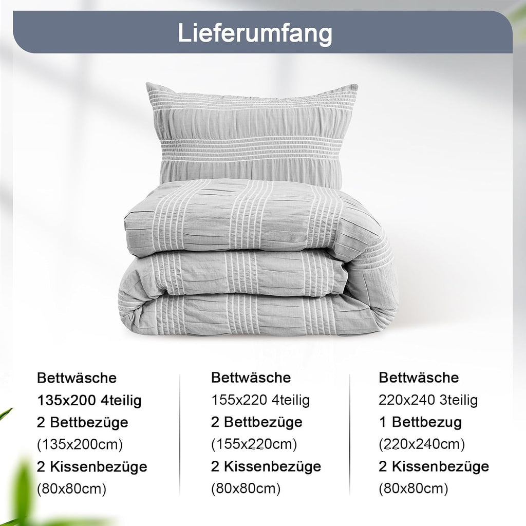 Qucover Bettwaesche 135x200 Seersucker grau weiss gestreift Mikrofaser 200cm-220cm