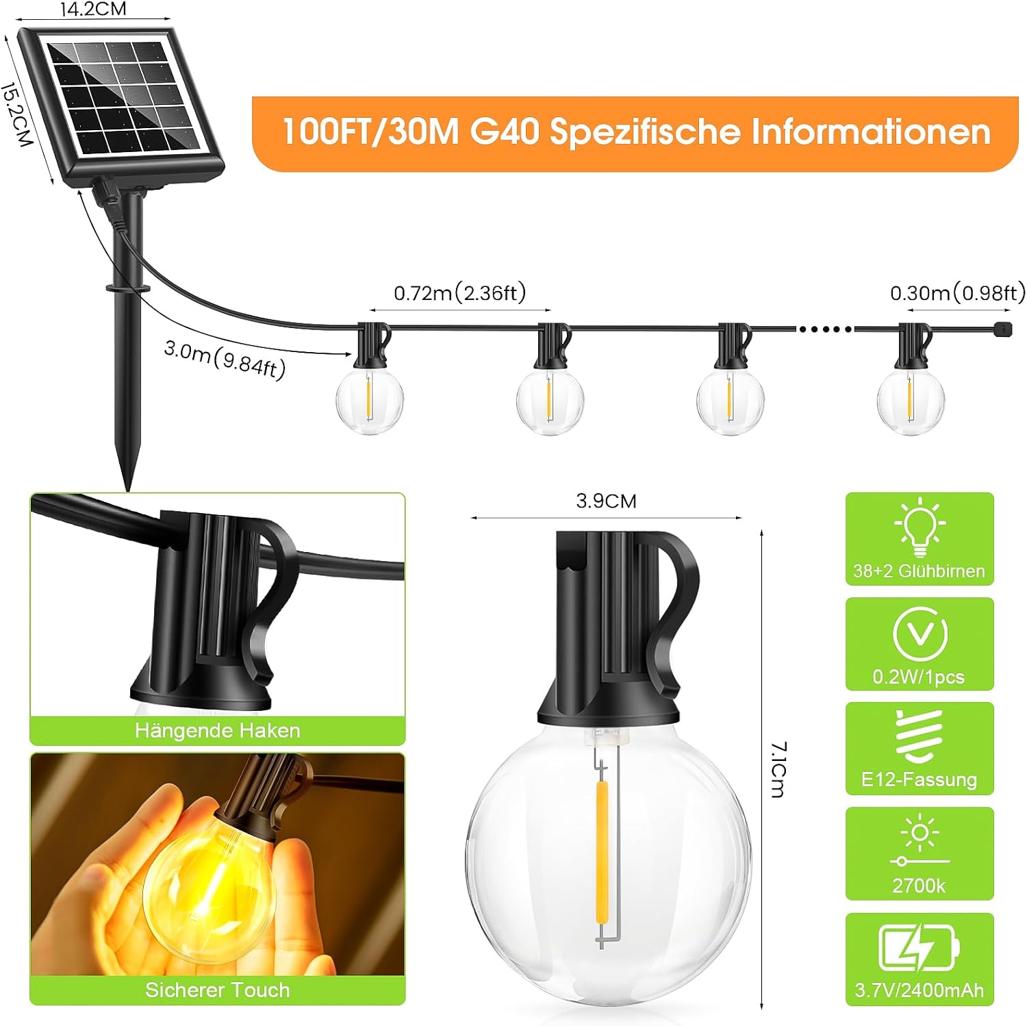 Solar Lichterkette aussen 15m G40 LED 21 Birnen dimmbar 8 Modi mit Fernbedienung