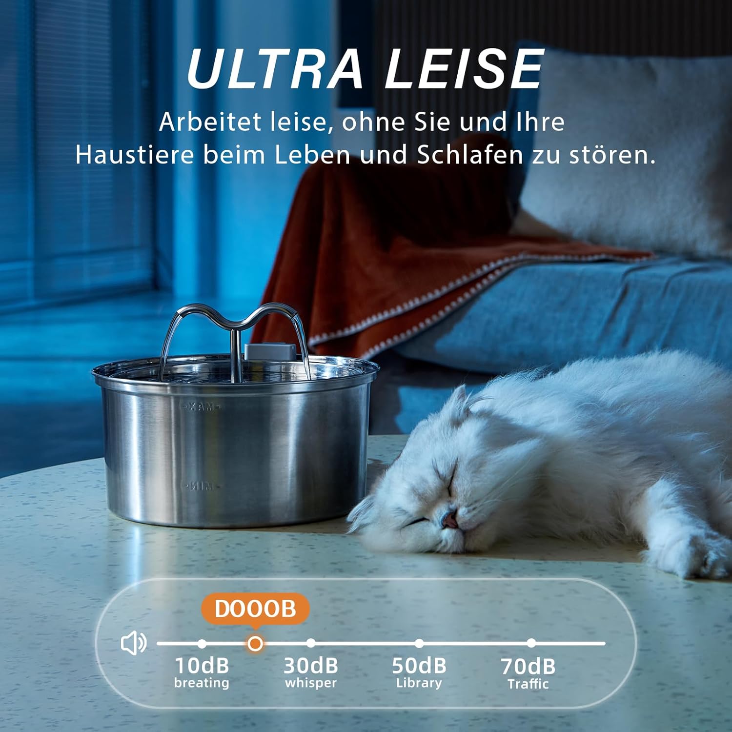 DOOOB Katzentrinkbrunnen Edelstahl 3,2L leise mit Filter und Schwamm
