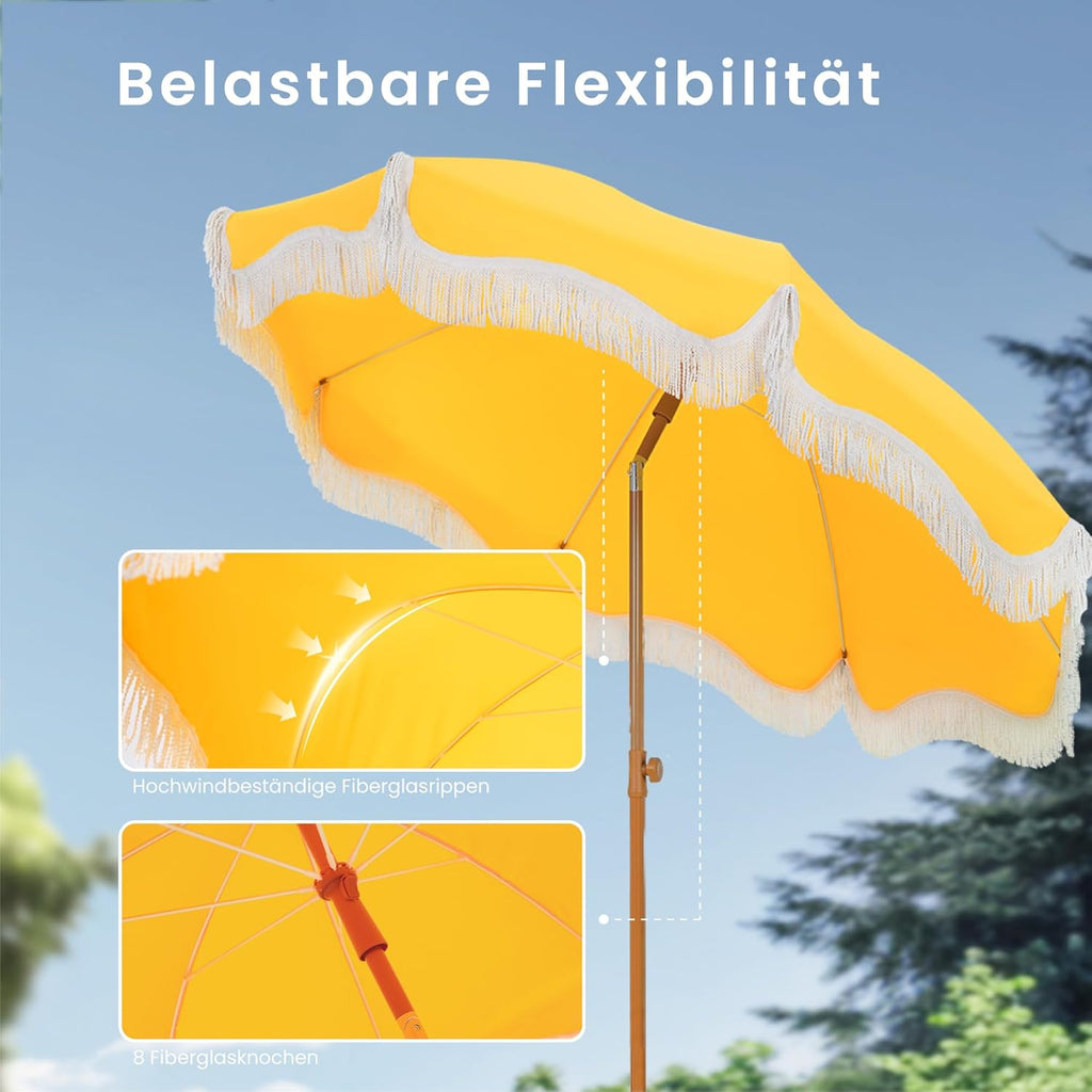 PHI VILLA Sonnenschirm Balkon 200 cm knickbar rund mit Fransen, UPF 50+