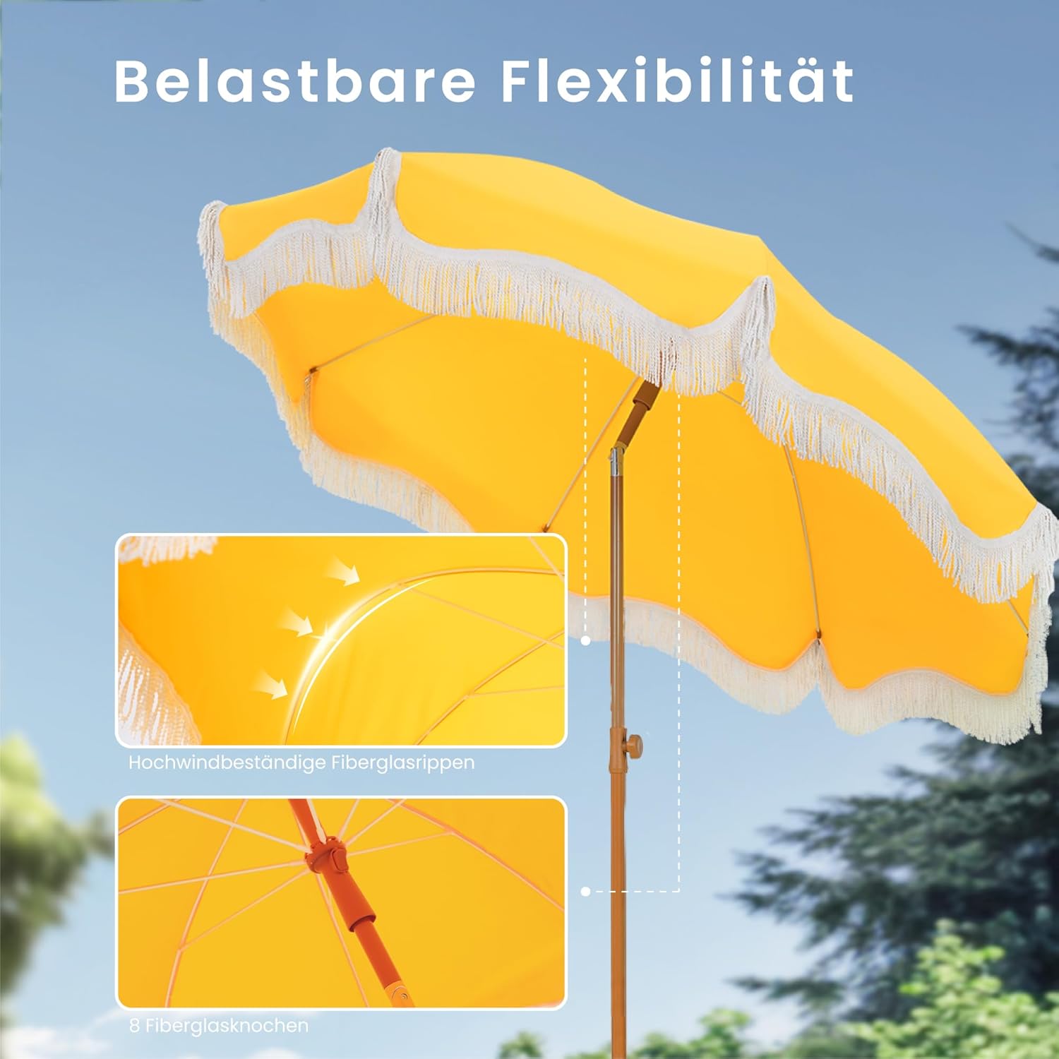 PHI VILLA Sonnenschirm Balkon 200 cm knickbar rund mit Fransen, UPF 50+