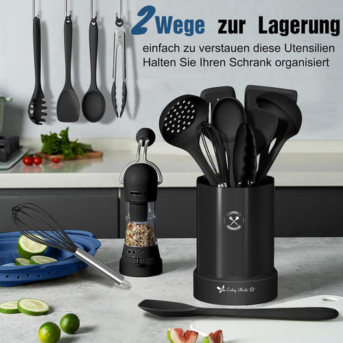 25-teiliges Silikon Kuechenhelfer Set schwarz hitzebestaendig mit Halter