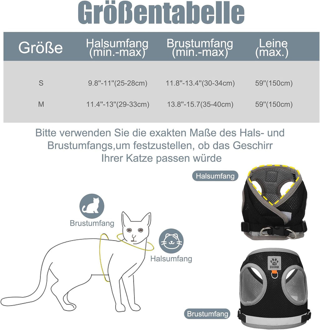 Katzengeschirr mit Leine verstellbar Grau S-M Katzenweste 5 m Leine