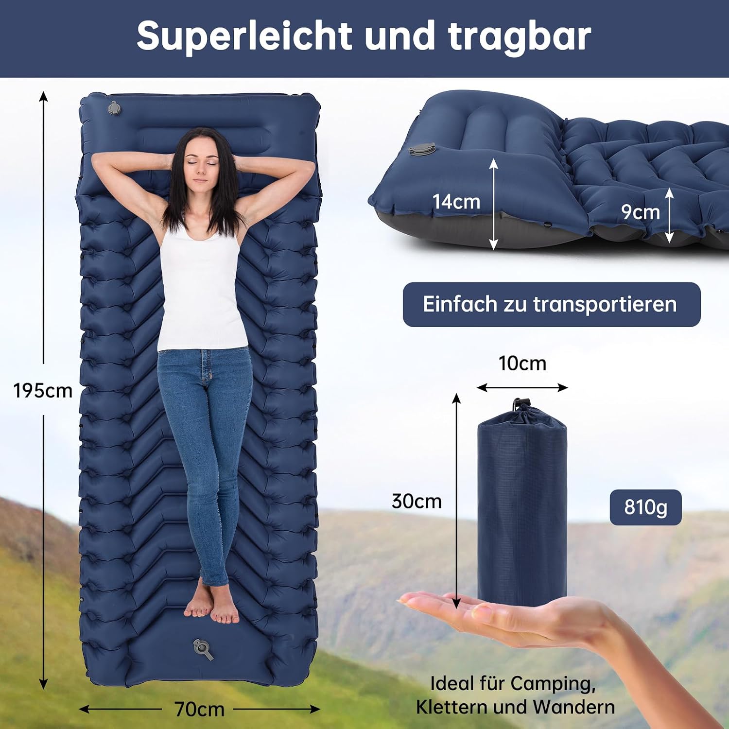 HAUSPROFI Isomatte ultraleicht aufblasbar mit Fusspumpe und Kissen, gruen