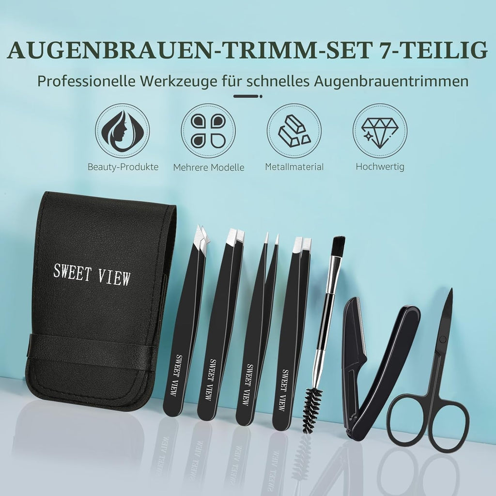 Pinzetten Set 7-teilig Schwarz fuer Augenbrauen Gesicht Kinn praezise