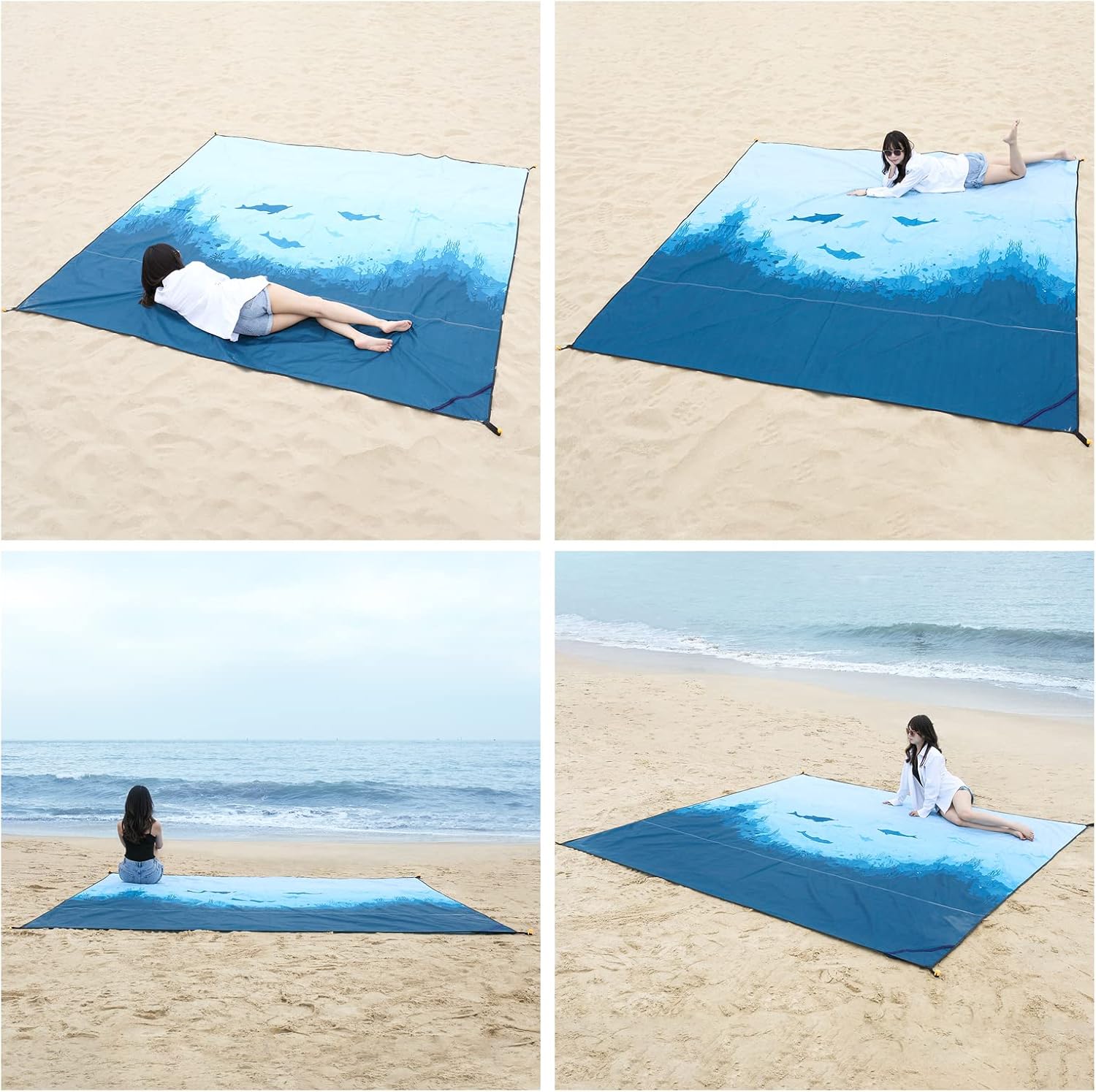 DEWUR Stranddecke sandfrei XXL 210x200 cm wasserdicht Picknickdecke Sea Fish
