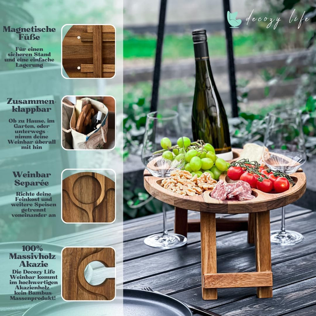 Decozy Life Weintisch aus Akazienholz klappbar - Weinbar, Strand- und Picknickti