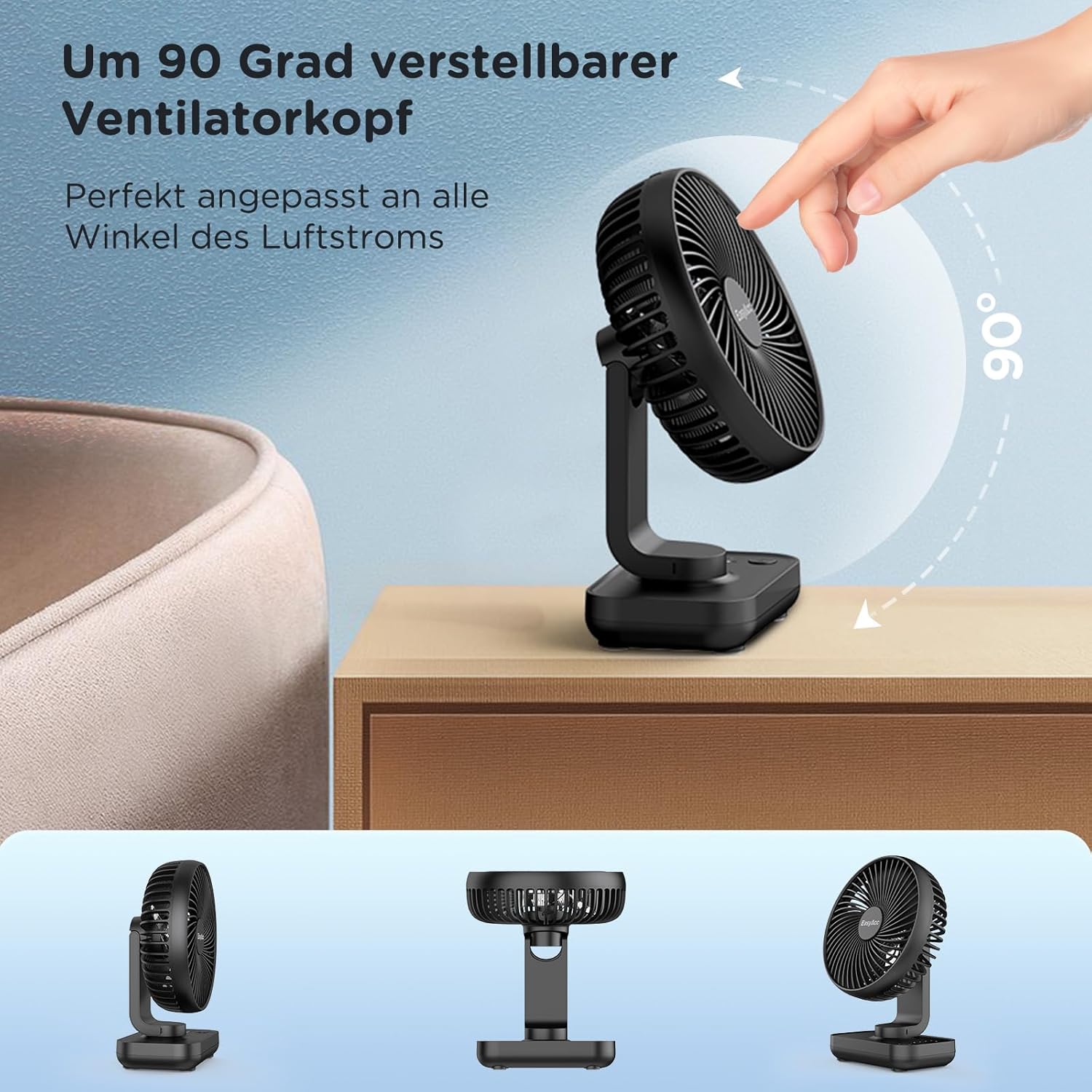 EasyAcc Tischventilator USB Akku 4000 mAh, tragbar, 4 Stufen, schwarz