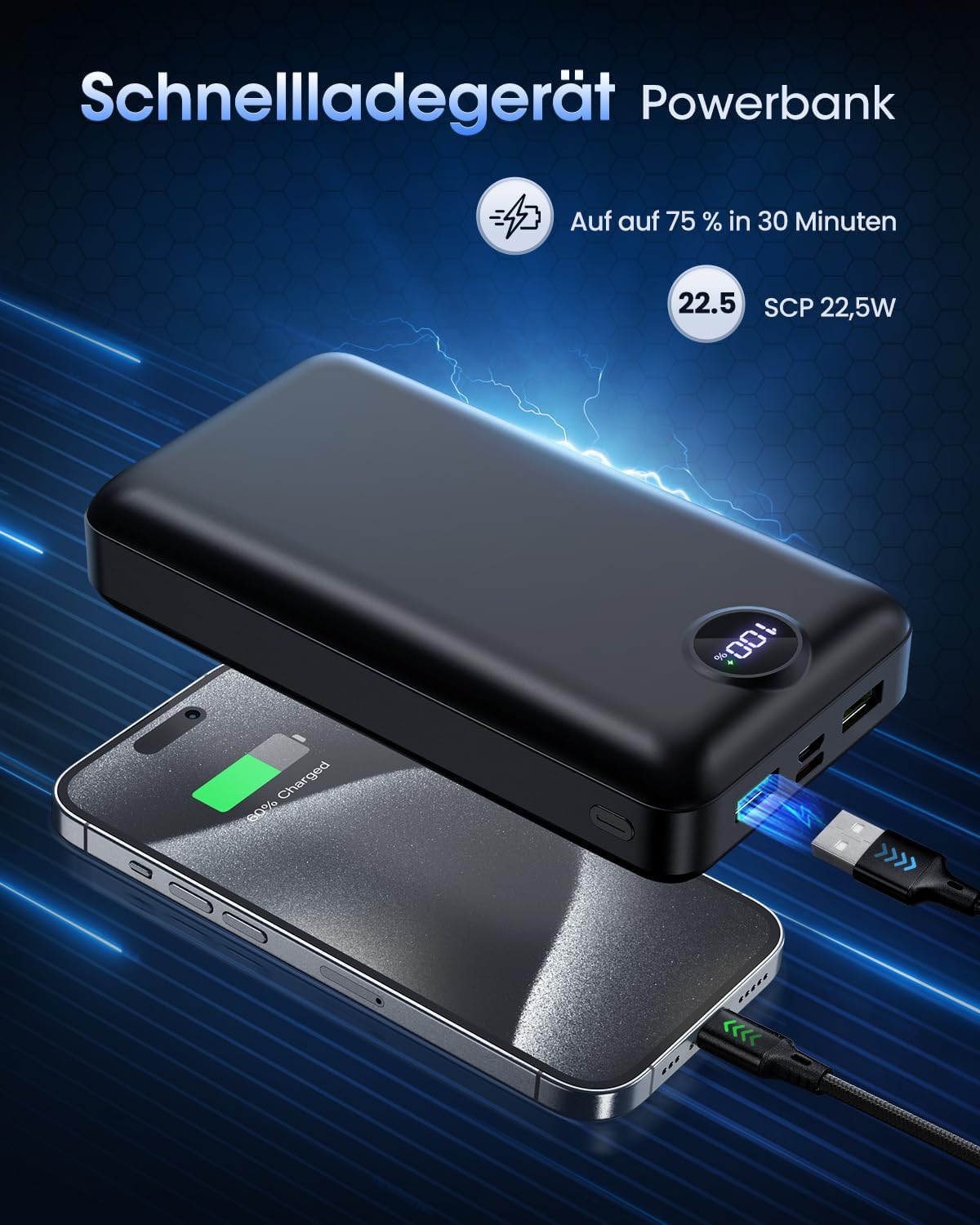 60000 mAh Powerbank 22,5W PD USB-C Externer Akku 4 Ausgaenge 3 Eingaenge Blau