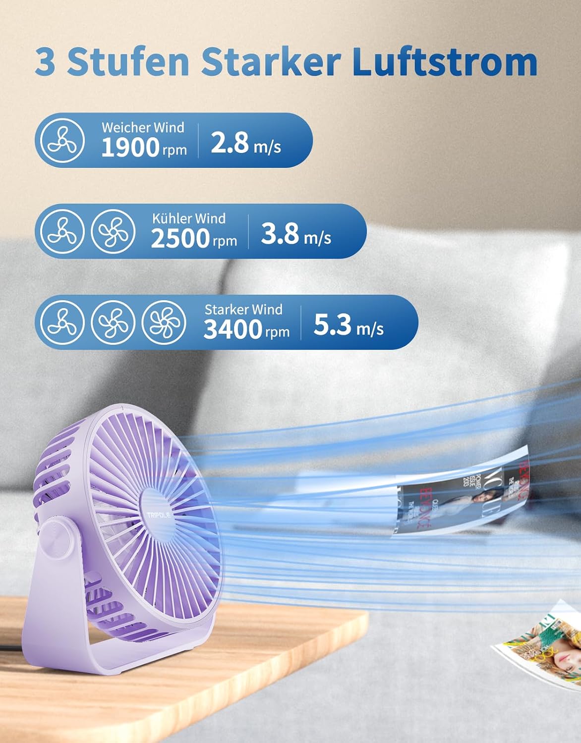 TriPole USB Tischventilator 11,4 cm 3 Stufen 360° verstellbar 1,5 m Kabel