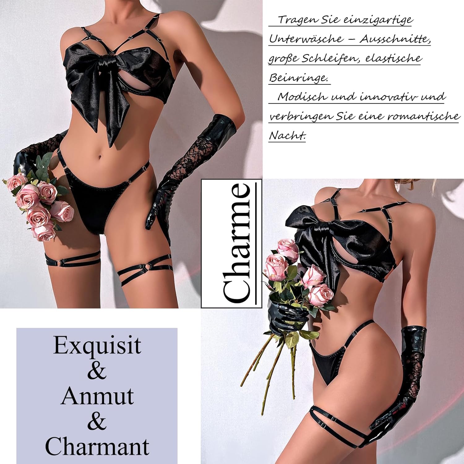 Damen Dessous-Set Sexy Satin Strapsen Hohl BH mit Schleife S-XL