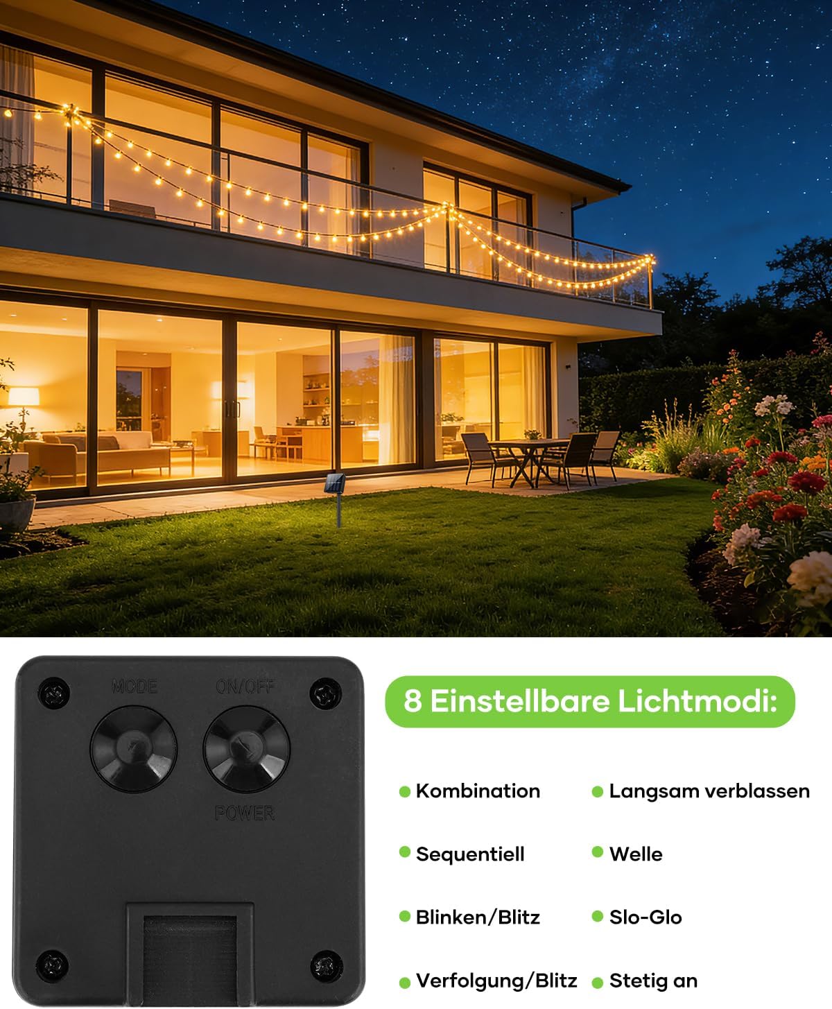 Suright Solar Lichterkette Aussen 8M 30 LED IP65 8 Modi Garten Balkon 8m-14m