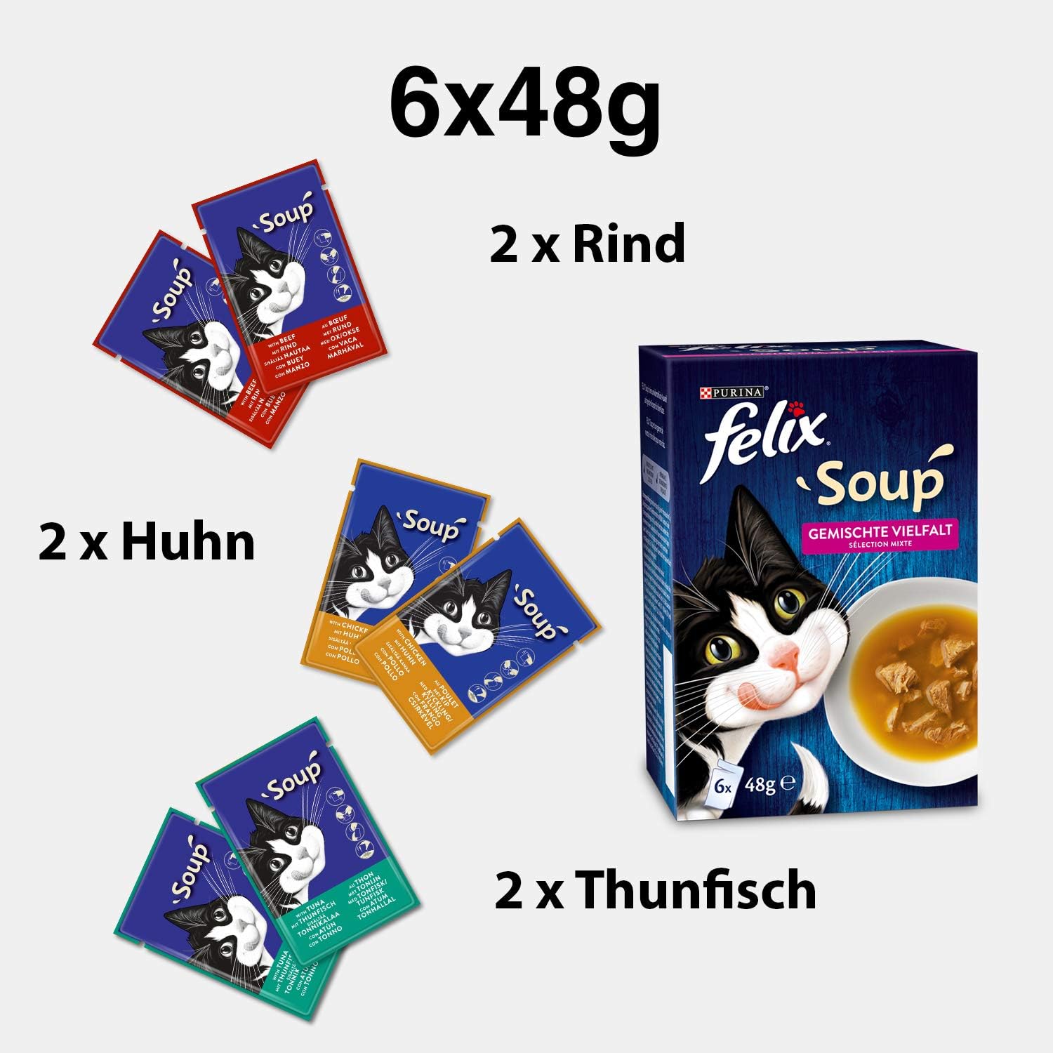 Felix Katzennassfutter Soup verschiedene Sorten mit Kabeljau Thunfisch Scholle 8