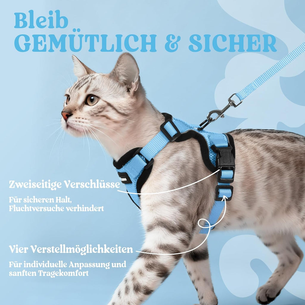 rabbitgoo Katzenweste Geschirr ausbruchsicher verstellbar XS Hellblau mit Leine