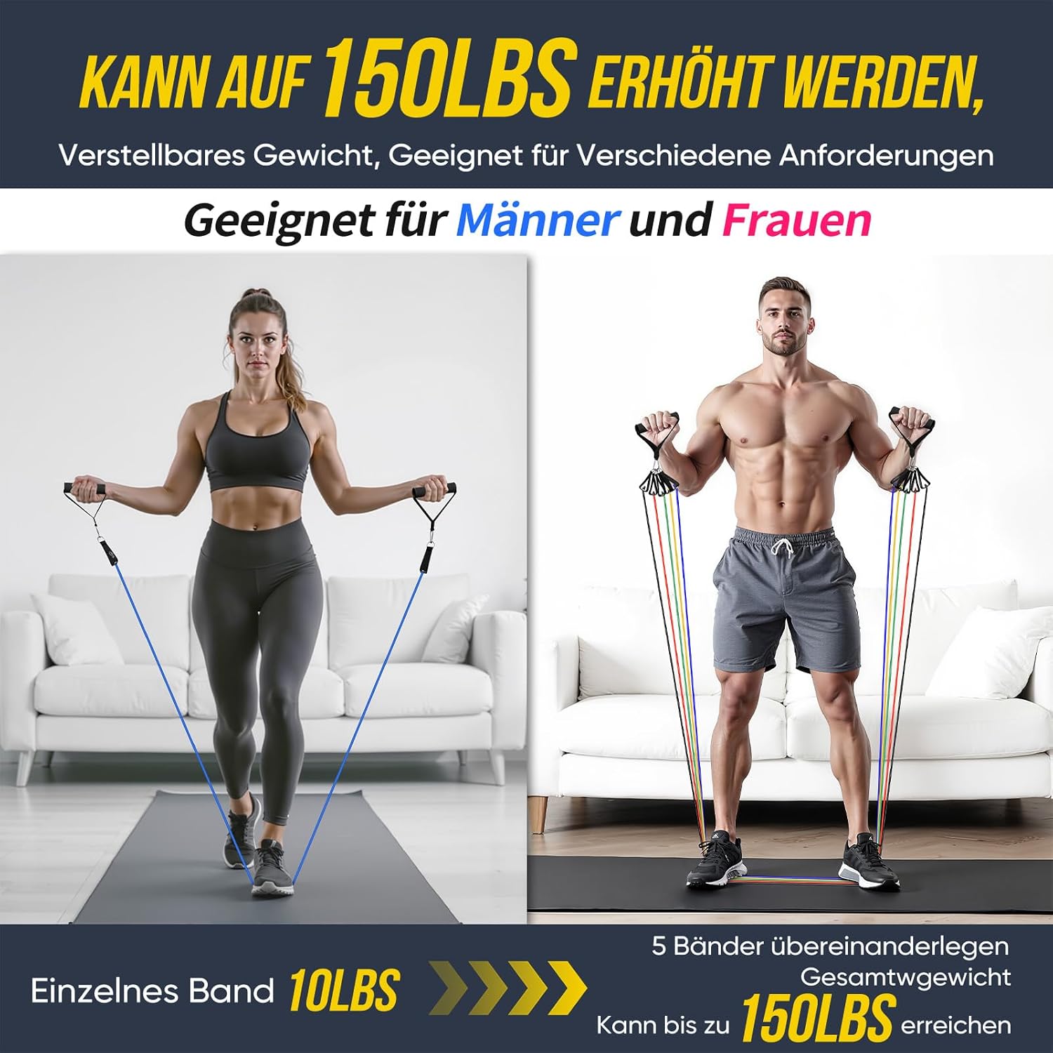 Fokky Resistance Bands Set 5 Baender mit Tueranker, Griffen und Knoechelriemen