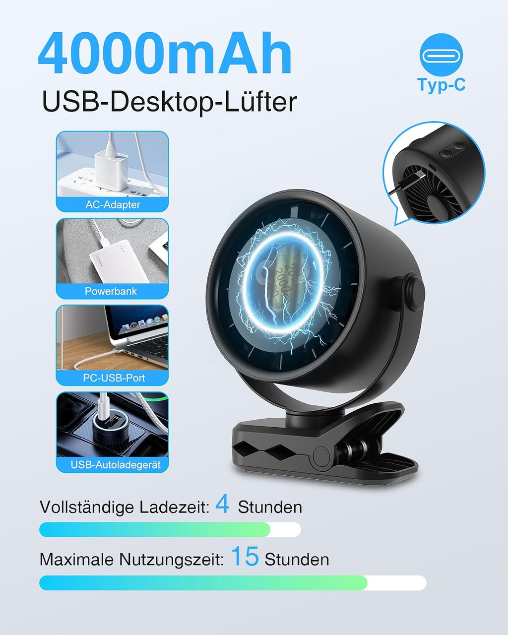 Fitabok Tischventilator mit Clip USB 5 Stufen LED Display 720° drehbar