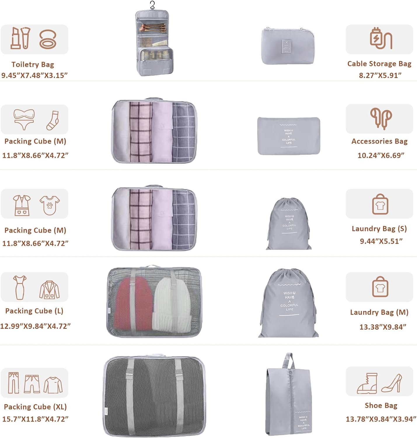 Packwuerfel 10er Set Koffer Organizer Reise Zubehoer Grau - Taschen Organizer