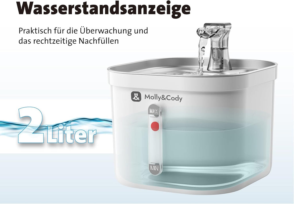 Molly&Cody Trinkbrunnen Spring fuer Katzen und Hunde, Edelstahl, leise Pumpe