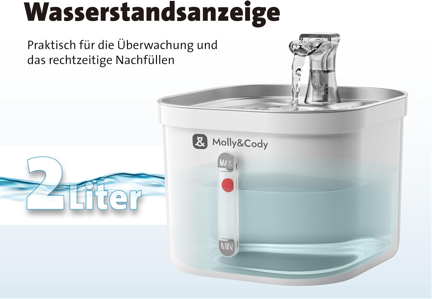Molly&Cody Trinkbrunnen Spring fuer Katzen und Hunde, Edelstahl, leise Pumpe