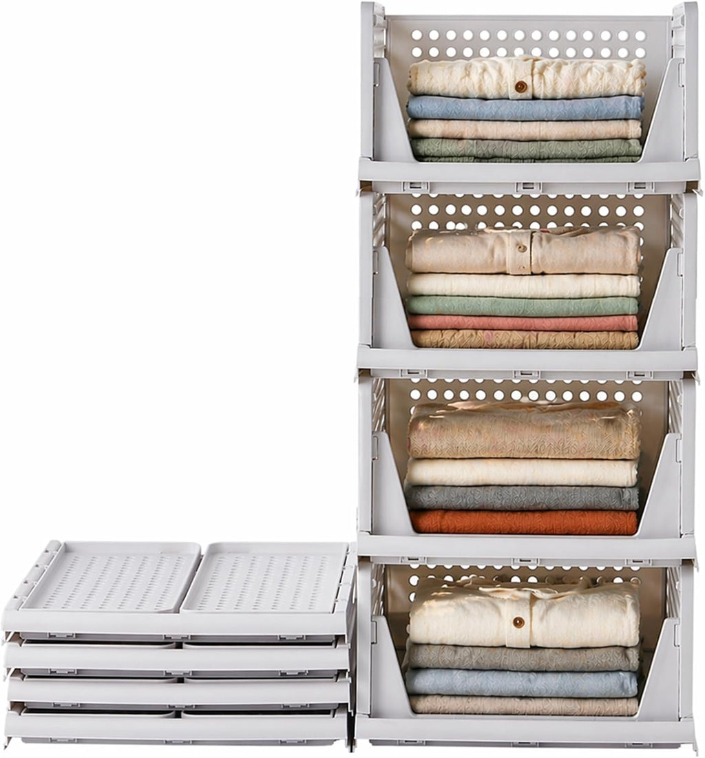 4er Set Stapelboxen Kleiderschrank Organizer Kunststoff Grau RMAN