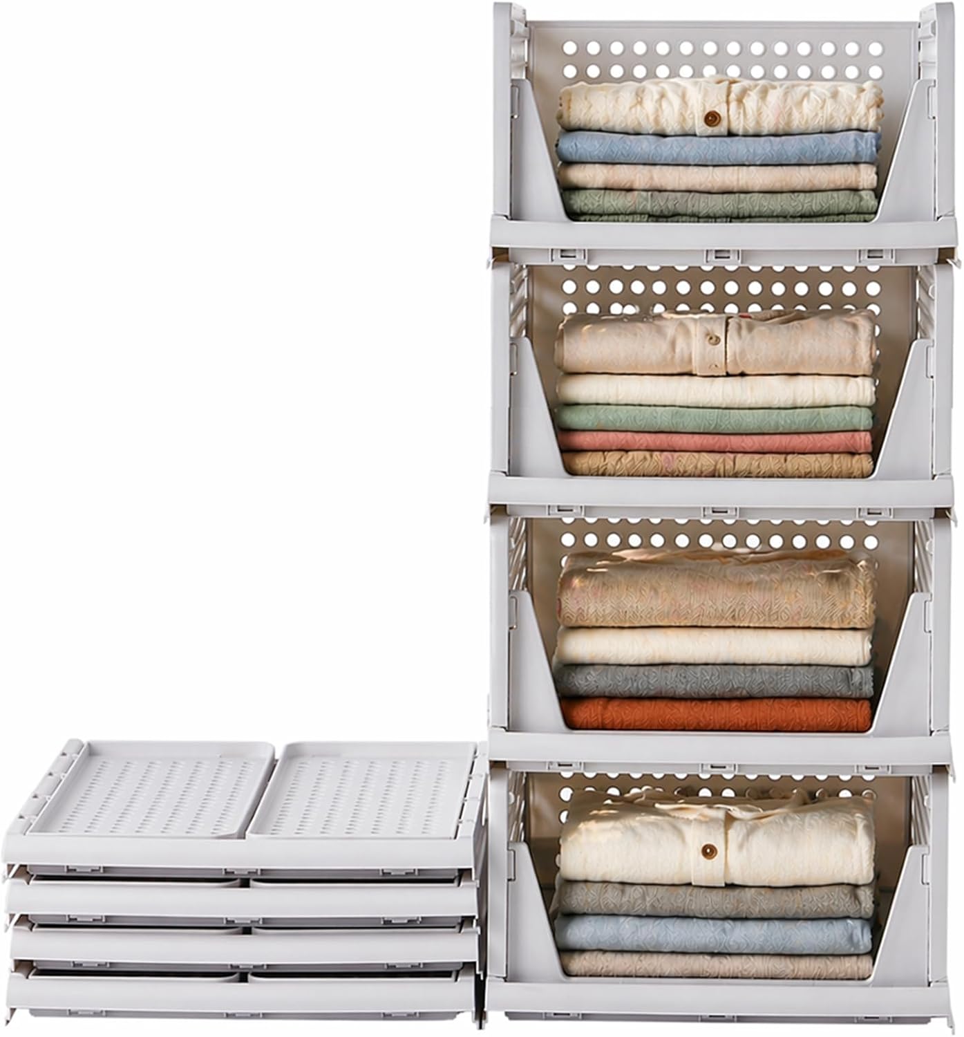 4er Set Stapelboxen Kleiderschrank Organizer Kunststoff Grau RMAN