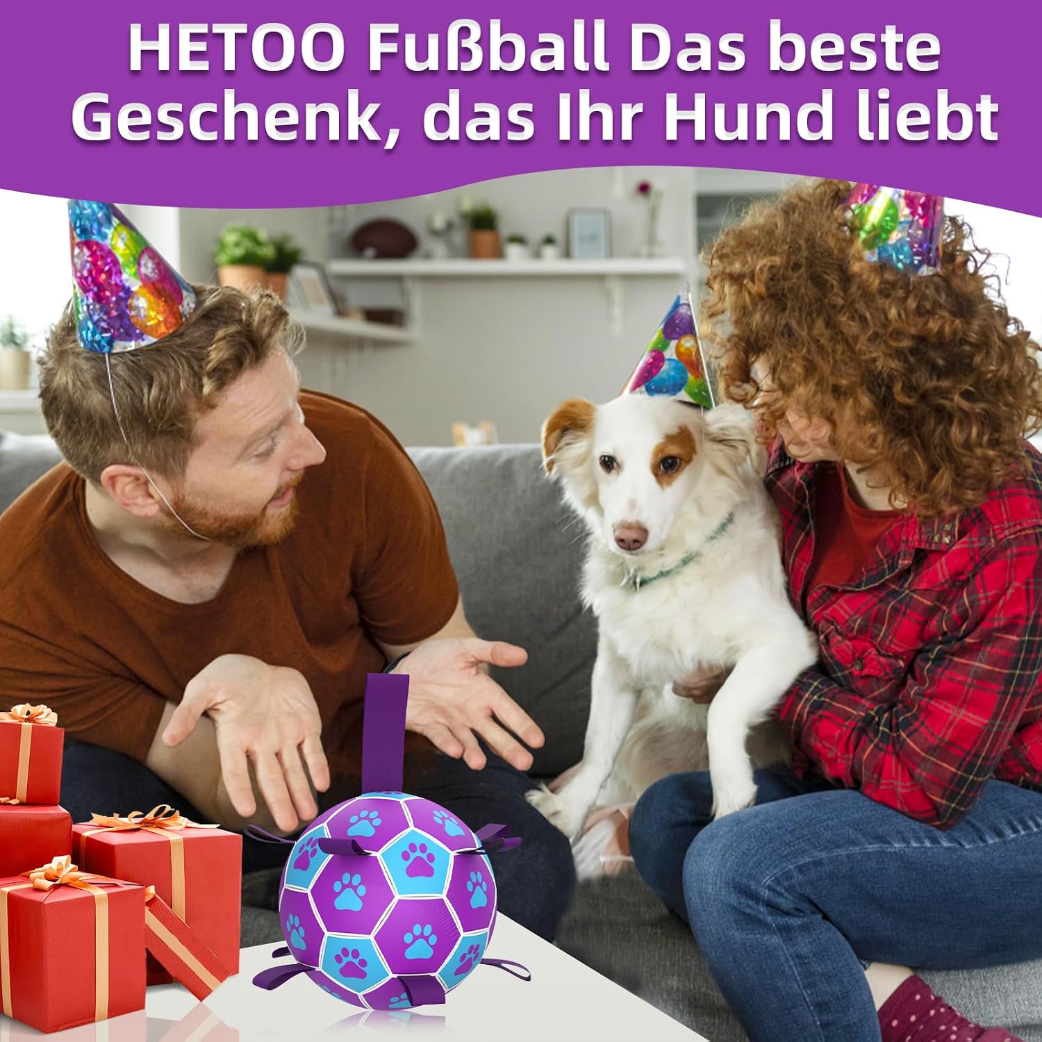 HETOO Hundeball 6" mit Griff fuer mittlere und grosse Hunde M-L lila/blau