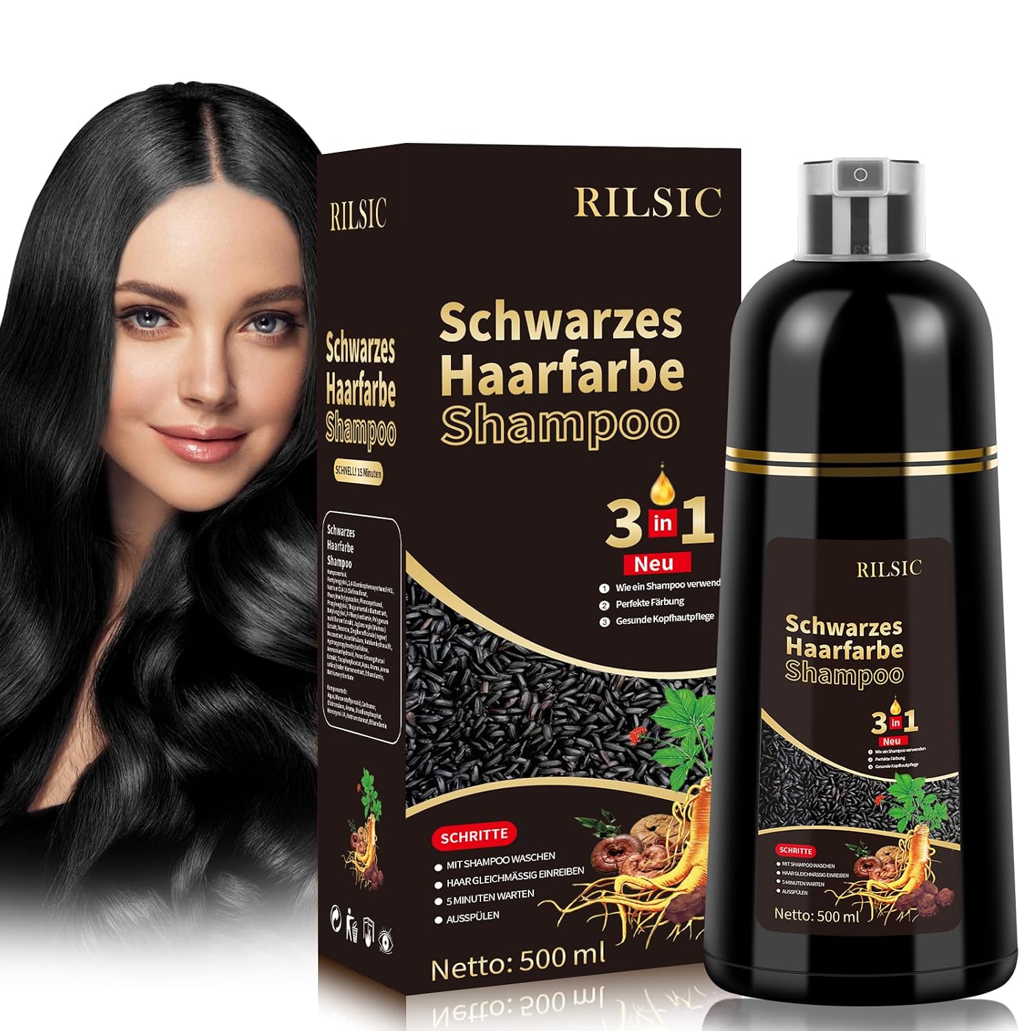 Haarfaerbeshampoo Braun 3-in-1 gegen graue Haare fuer Maenner Frauen