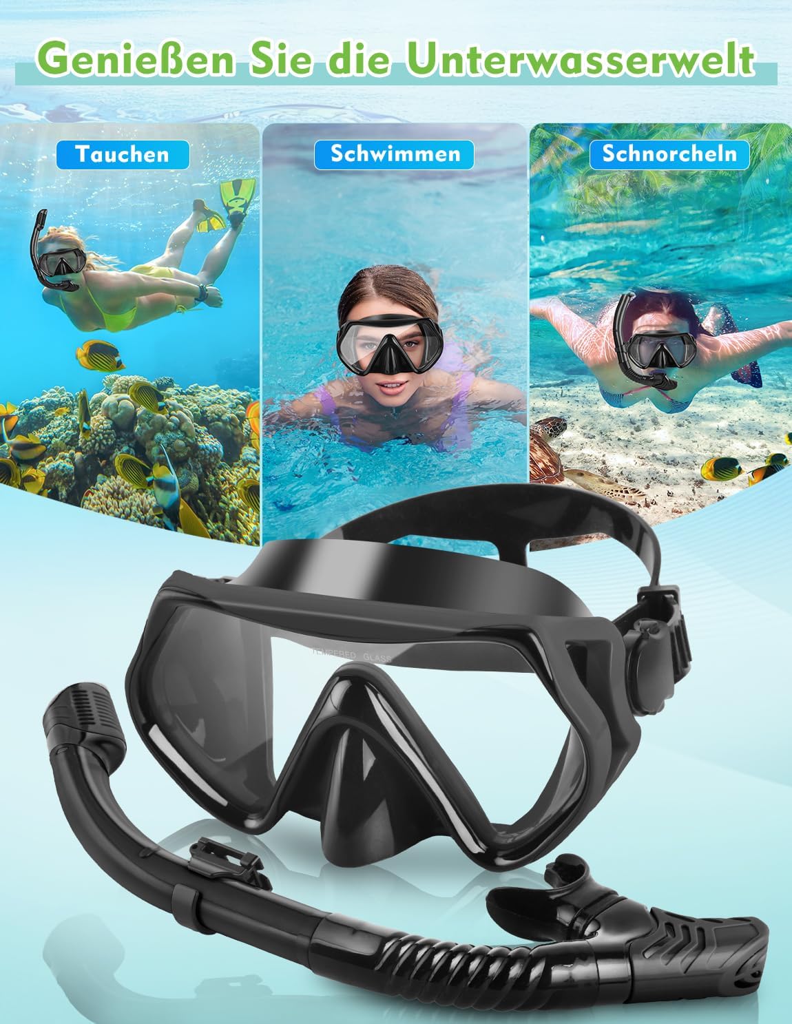 Hydomi Taucherbrille mit 180° Panorama Sicht und Dry-Top Schnorchel, Erwachsene