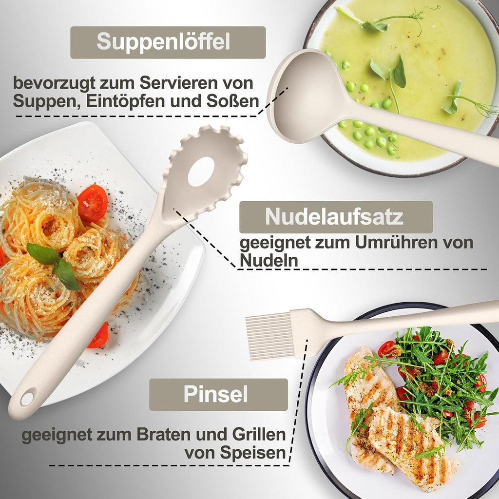 Silikon Kuechenhelfer Set 43-teilig schwarz hitzebestaendig mit Halter