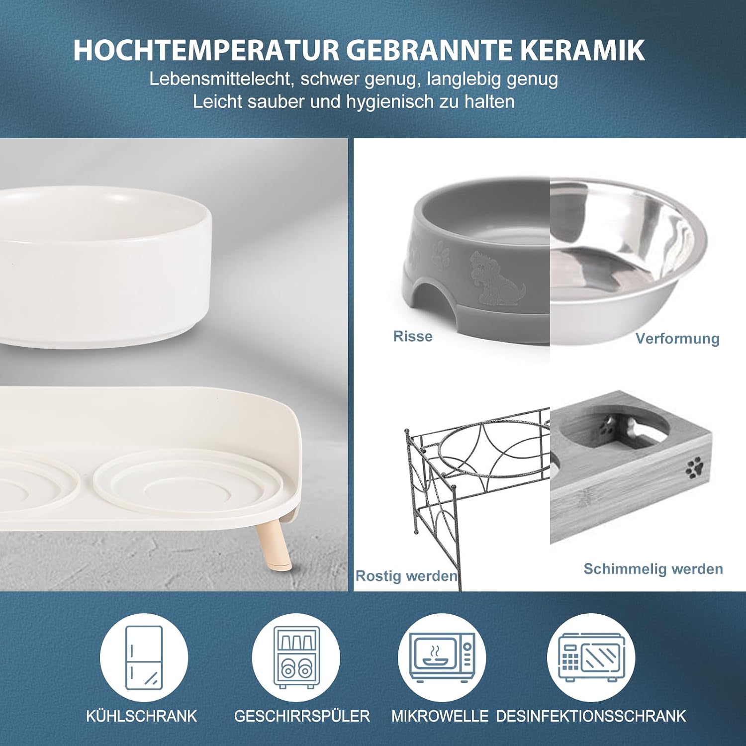 Erhoehter Keramik Hundenapf 2x720 ml mit Staender rutschfest gruen fuer Hunde Katzen