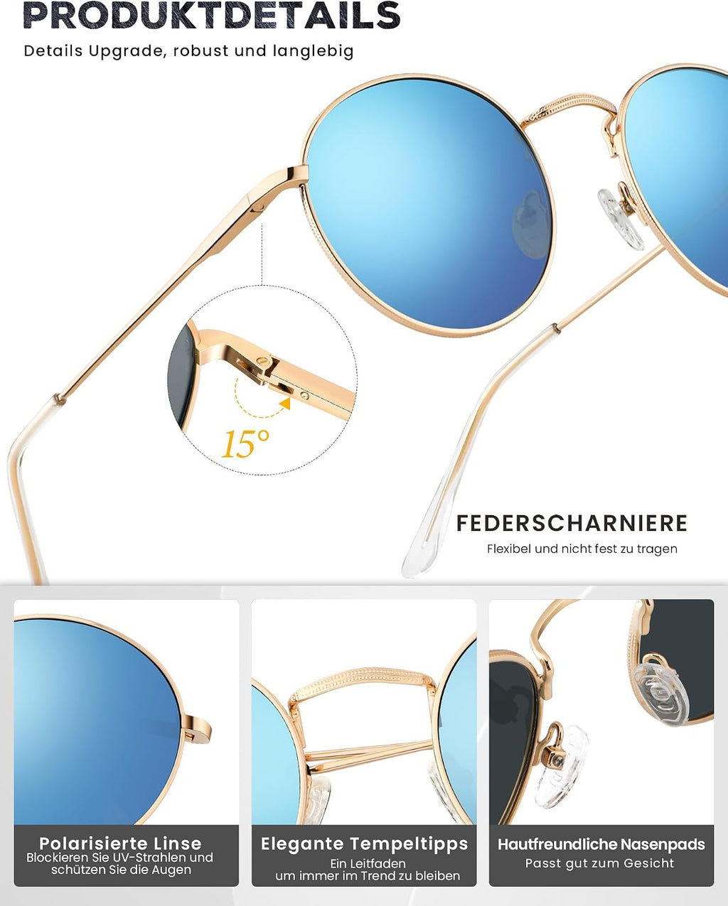 HENGOSEN Herren Sonnenbrille rund polarisiert Metallrahmen Retro Unisex