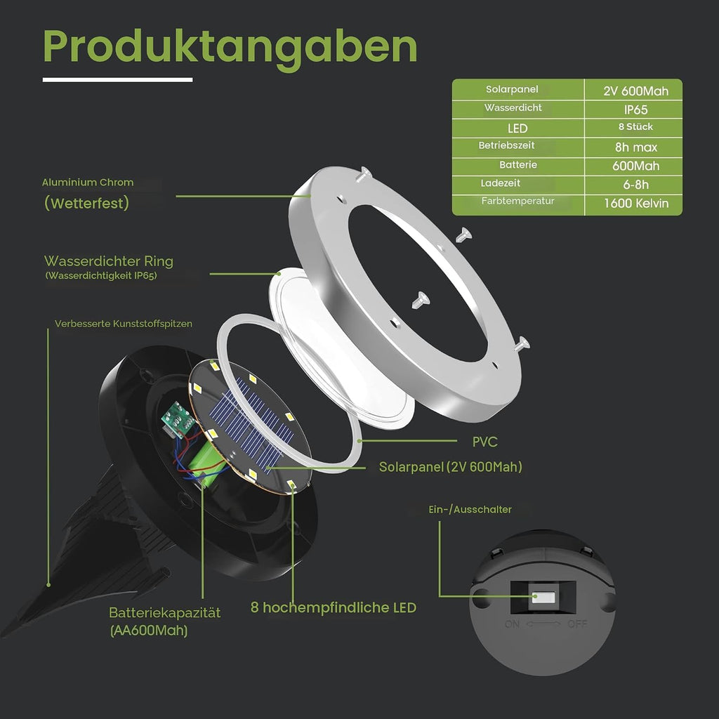 FLOWood Solar Bodenleuchte 12er Set 8 LED Warmweiss Wasserdicht Edelstahl