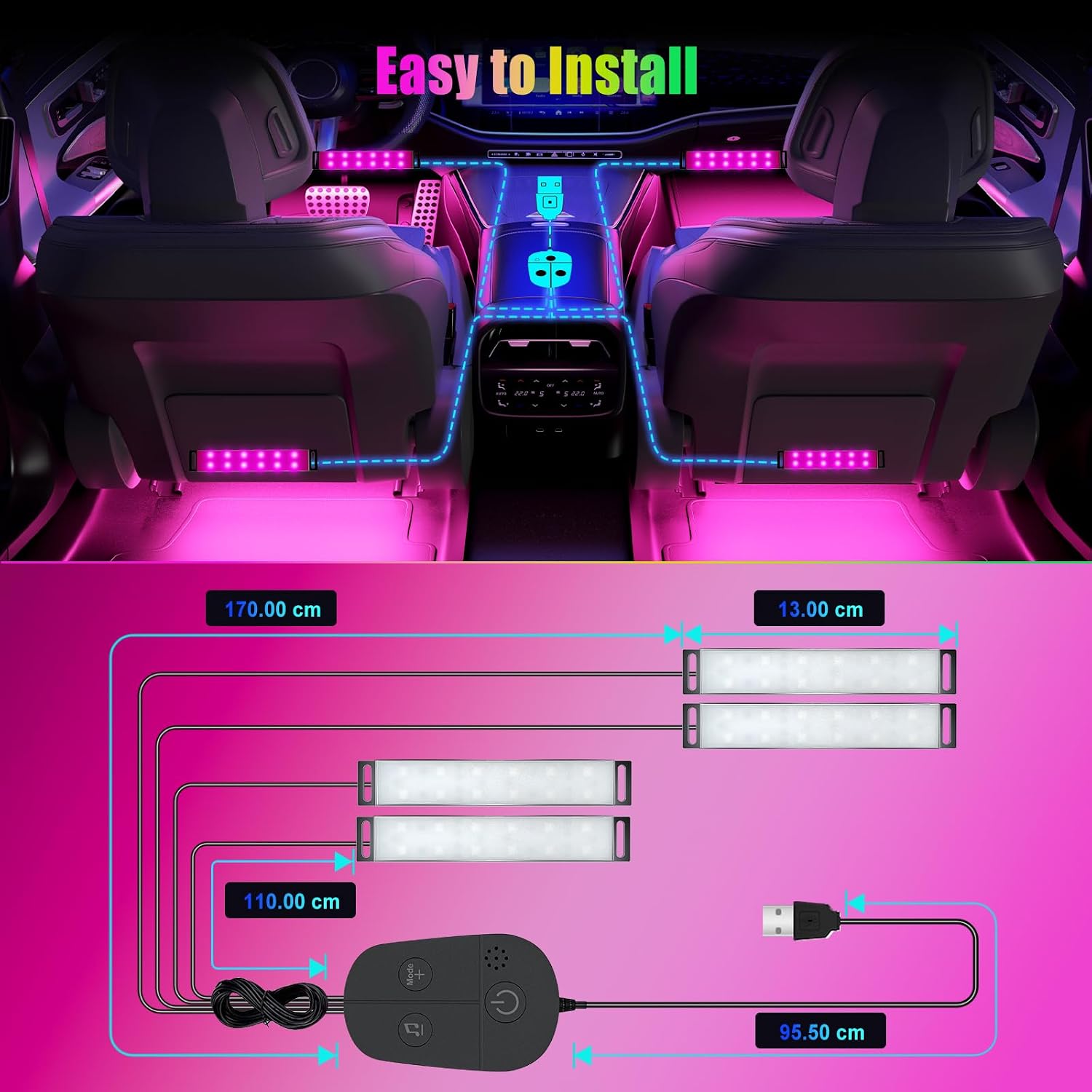 LED Ambientebeleuchtung Auto Innenraum mit App Steuerung 16 Mio Farben USB