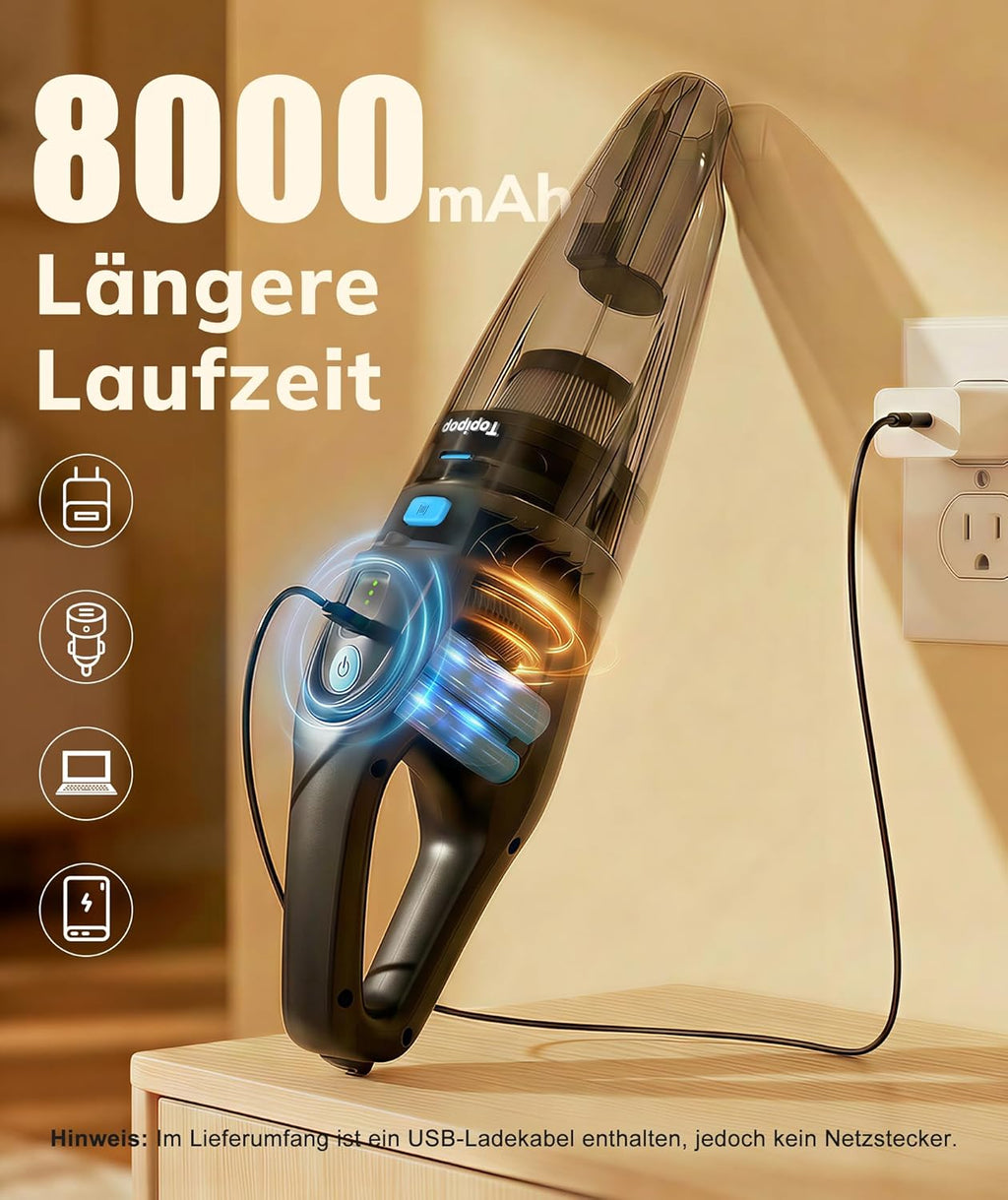 Akku-Handstaubsauger 25000 Pa HEPA-Filter Zubehoer Kabellos Schwarz