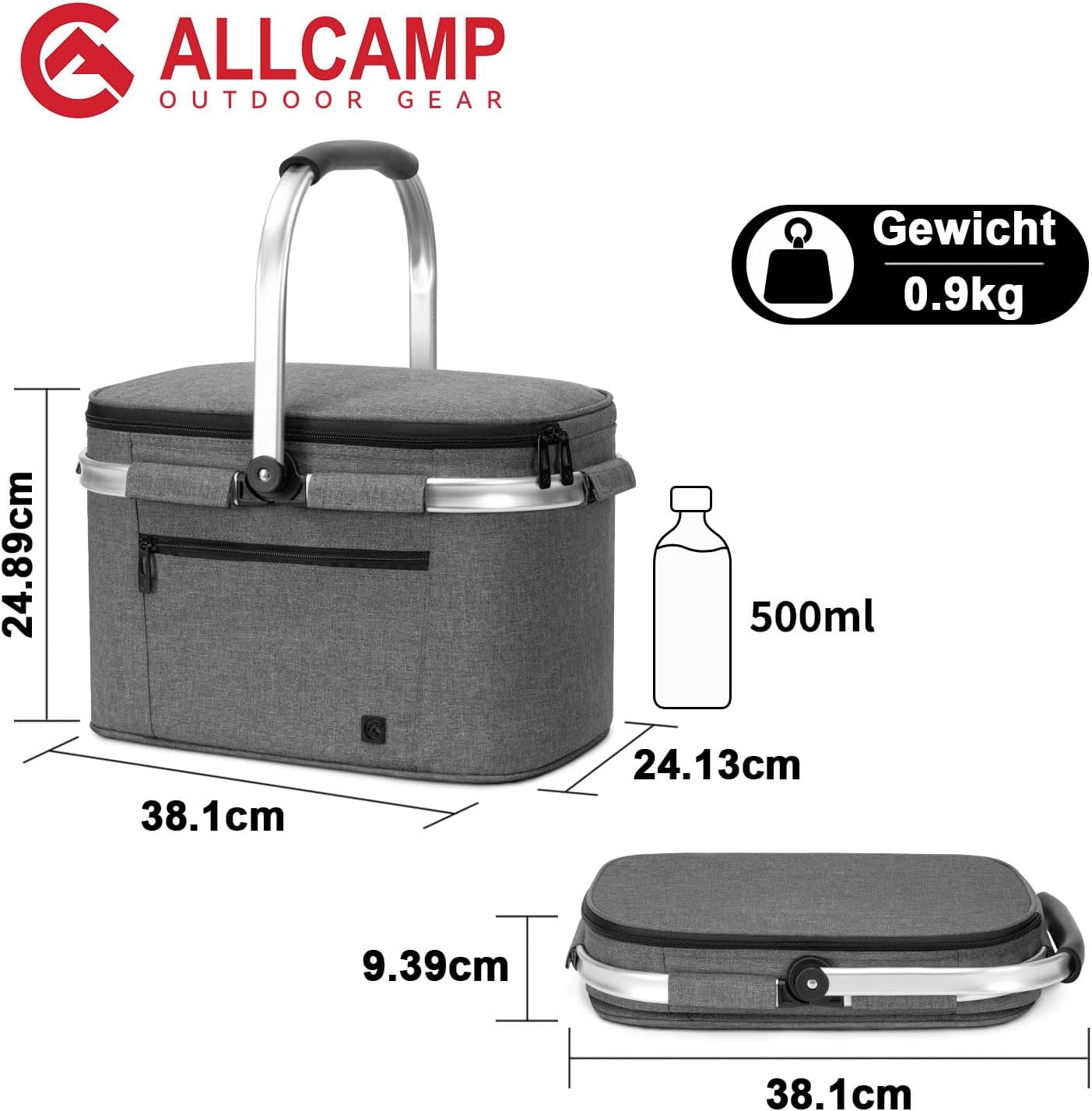 ALLCAMP Kuehlkorb faltbar mit Deckel und Aluminiumrahmen L-XL Thermotasche