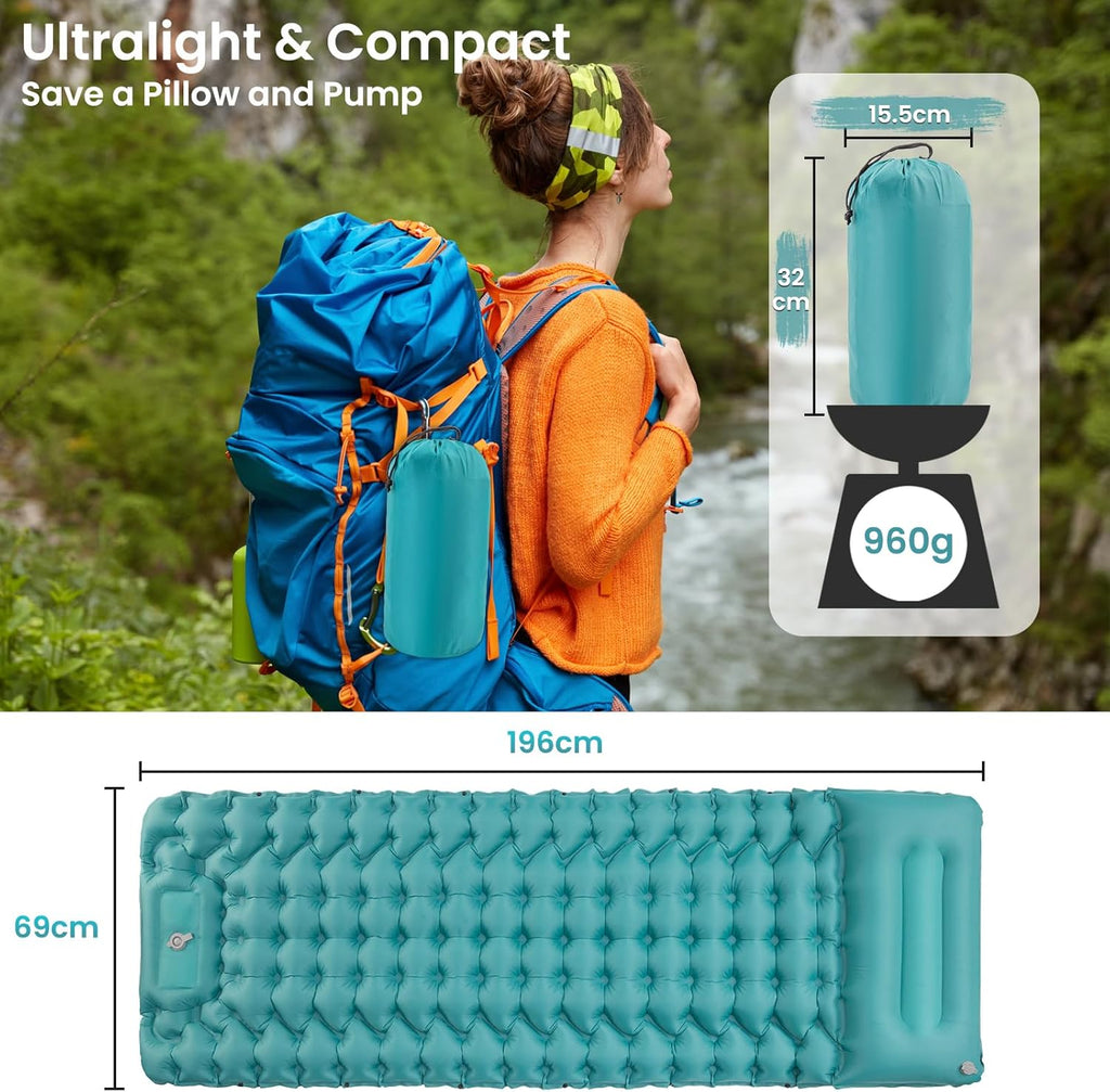 Satisure aufblasbare Isomatte Camping mit Fusspumpe und Kopfkissen ultraleicht
