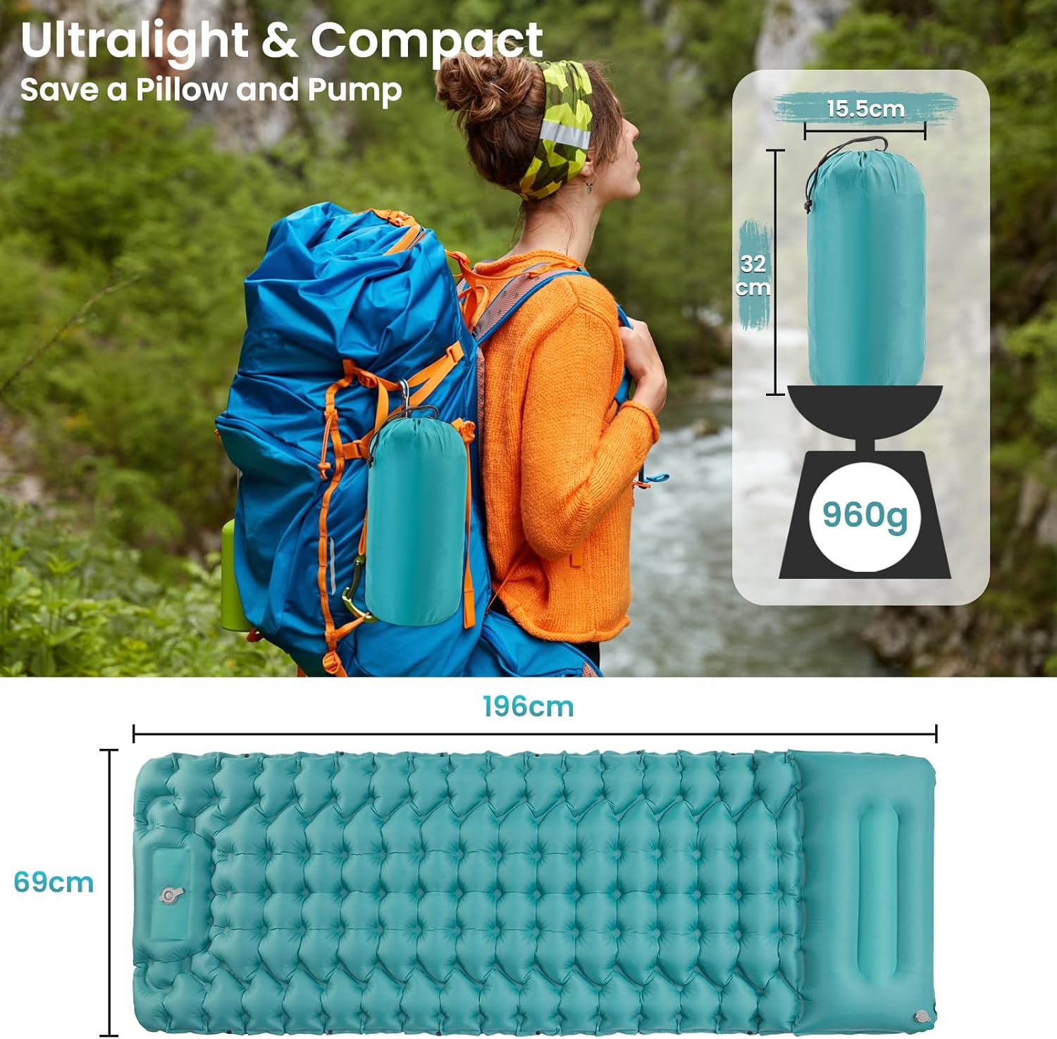 Satisure aufblasbare Isomatte Camping mit Fusspumpe und Kopfkissen ultraleicht