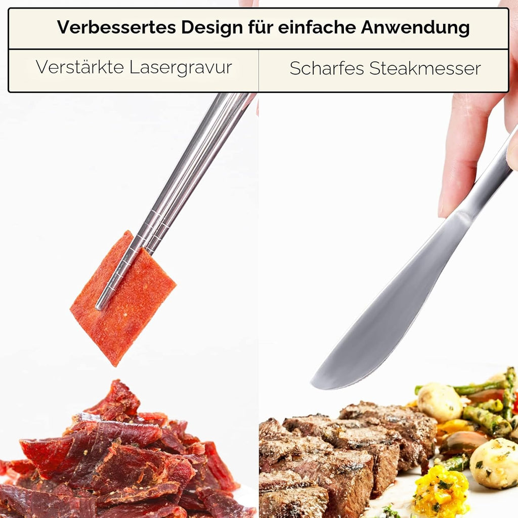 Quatish Campingbesteck 5-teilig aus Edelstahl mit Etui Schwarz