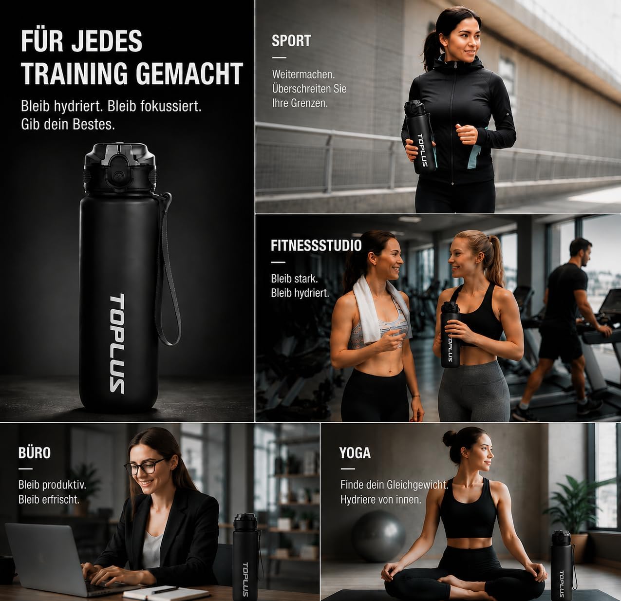 TOPLUS Sport-Trinkflasche BPA-frei leicht stossfest schwarz