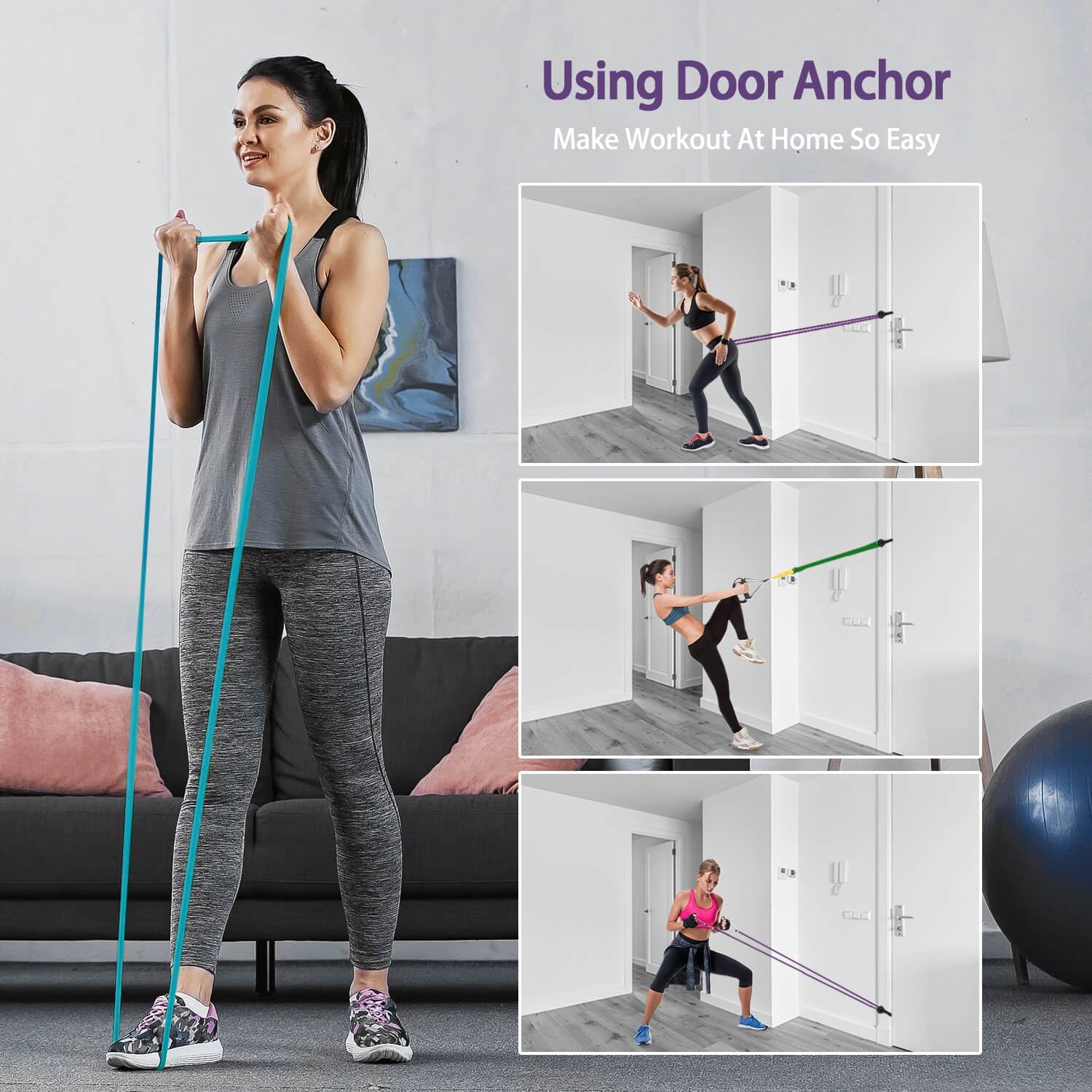 Widerstandsband Set 3 Stufen mit Tueranker und Tasche fuer Fitness Yoga Pilates