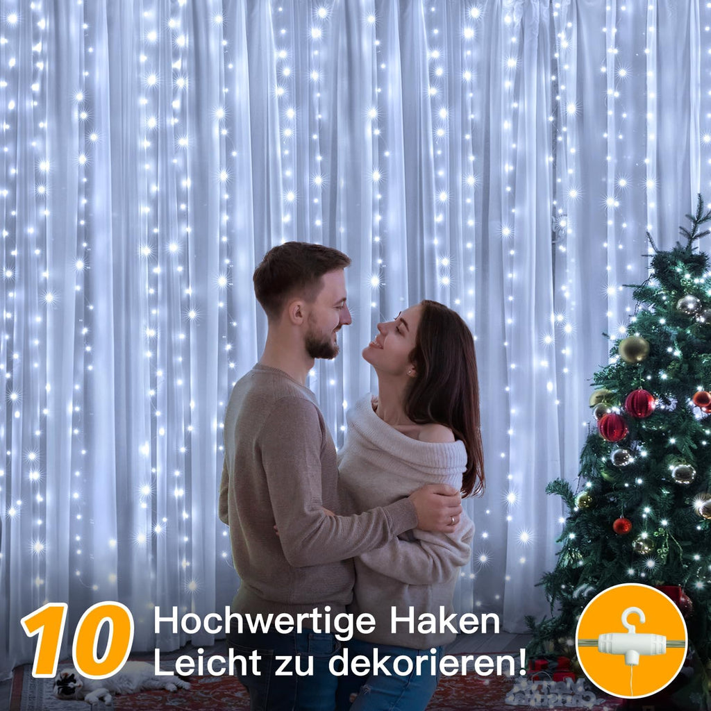 Ollny LED Lichtervorhang 2x2 m 200 LEDs warmweiss USB, Fenster Vorhang mit 10 Hak