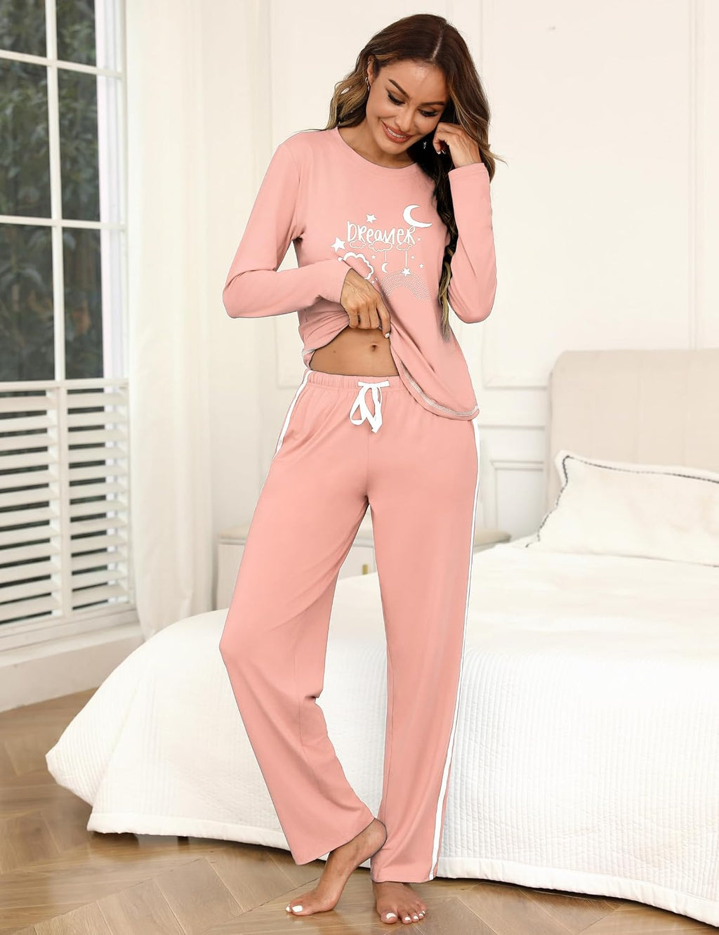 Damen Schlafanzug lang Baumwolle Pyjama Set mit Print und Taschen S-XXL