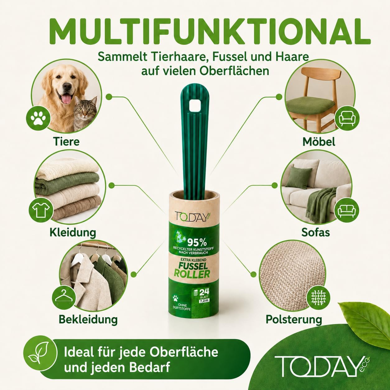 Today Eco Fusselrolle 16 Rollen mit Deckel und 2 Abroller 95% recyceltes Materia