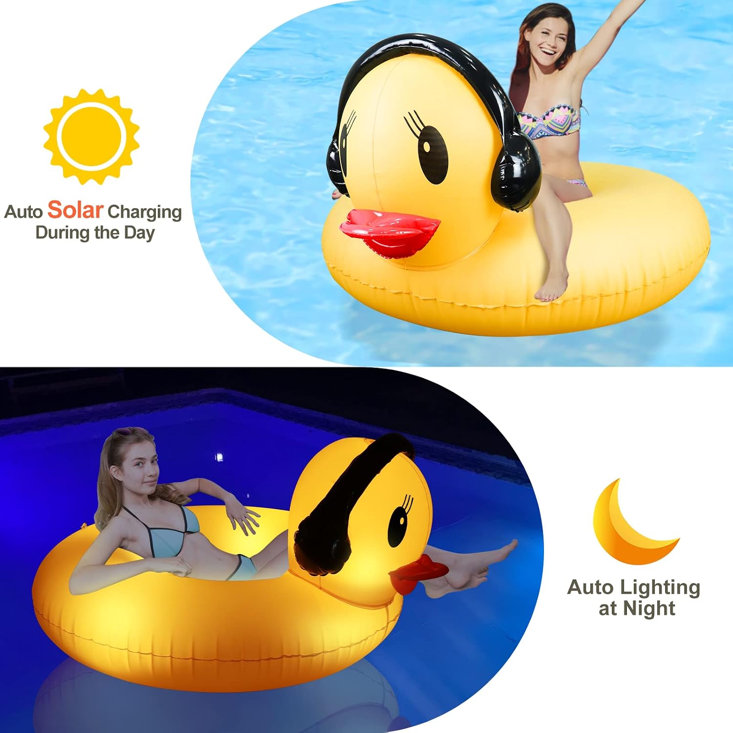 DeeprBetter Schwimmreifen Ente mit LED Licht Solar 107cm Pool Luftmatratze Badei