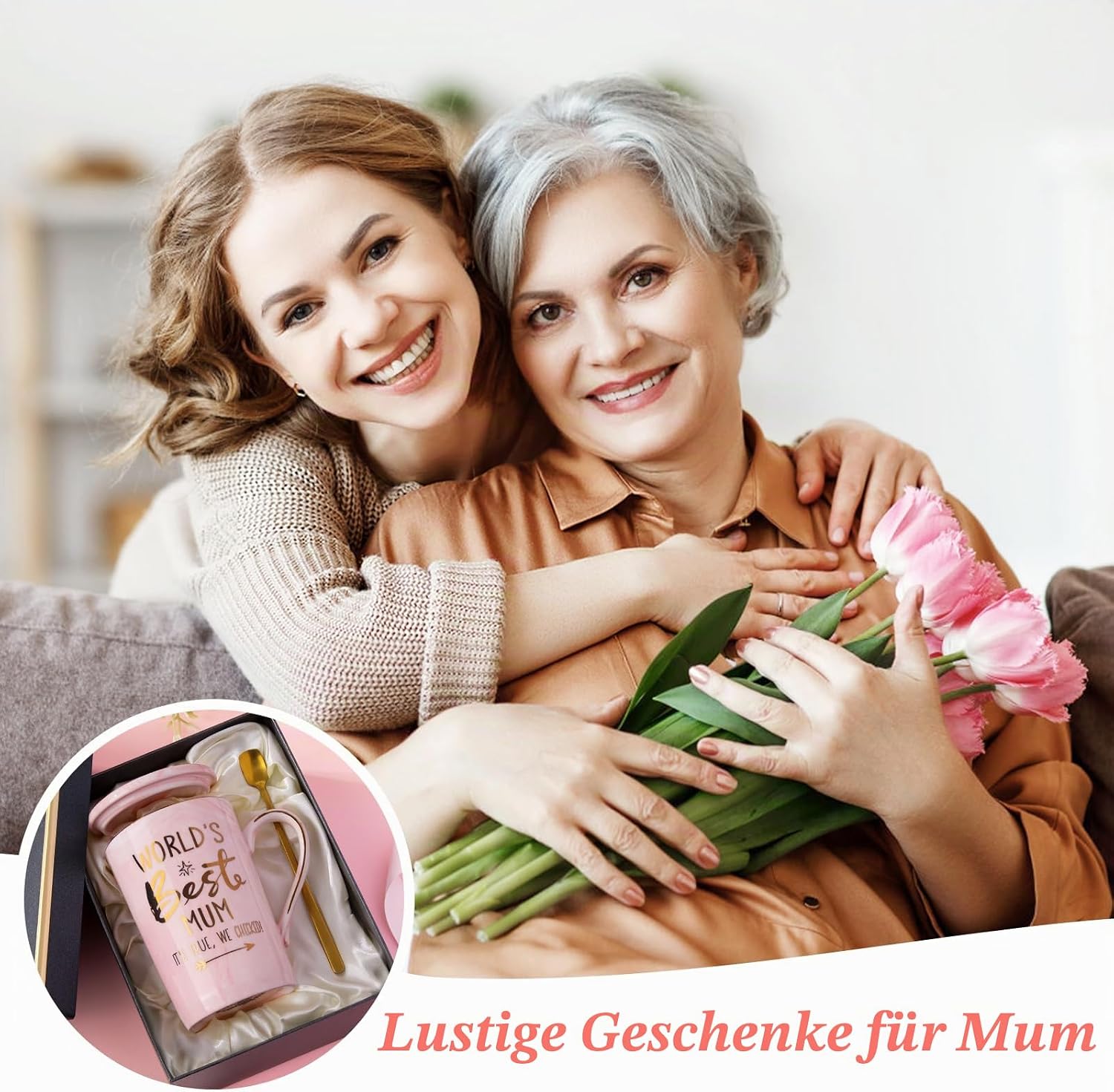 Tasse rosa Marmor mit Deckel Loeffel Geschenkbox Muttertag
