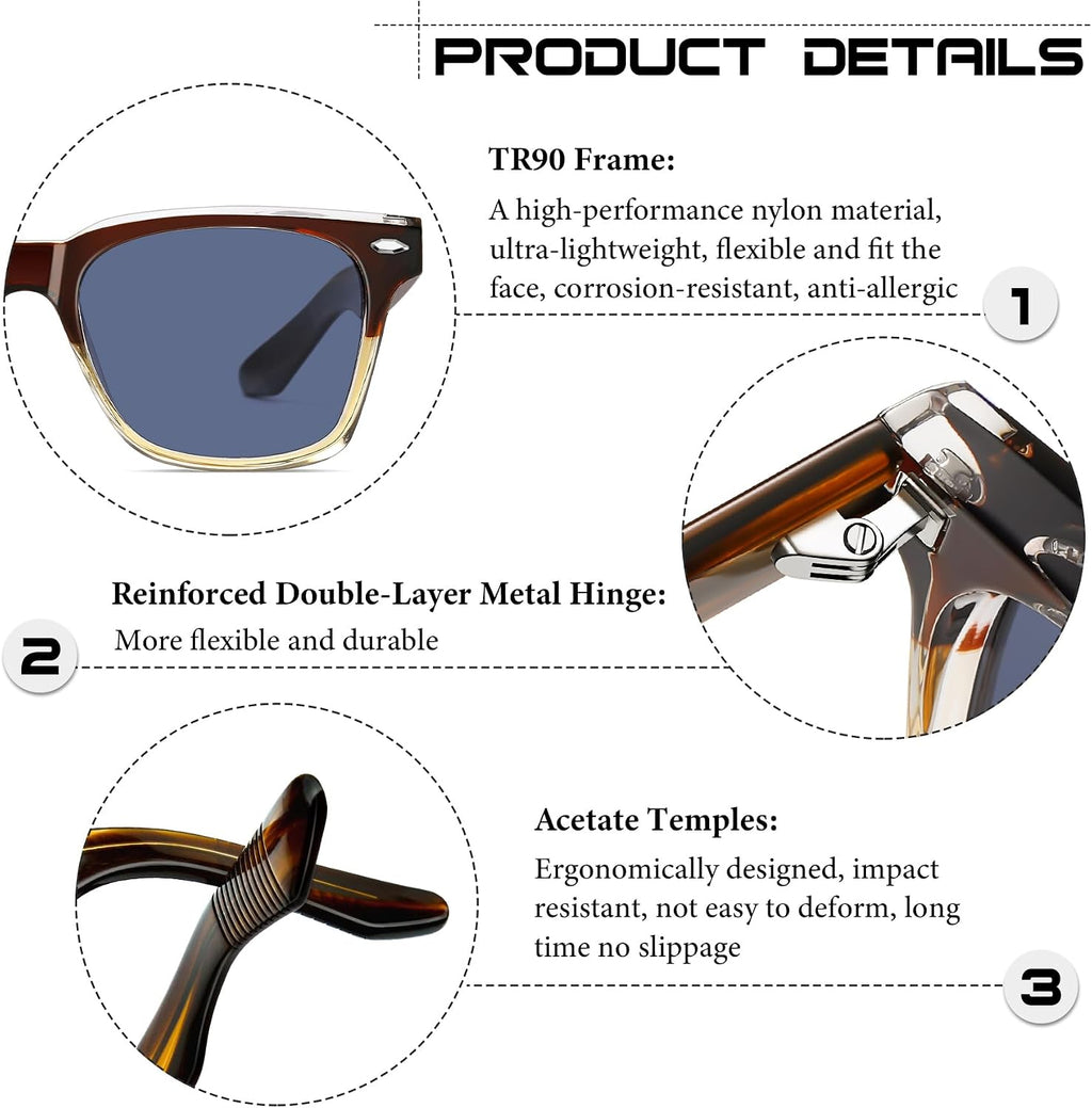 KANASTAL Herren Sonnenbrille polarisiert Retro Rechteckig TR90 Rahmen UV400