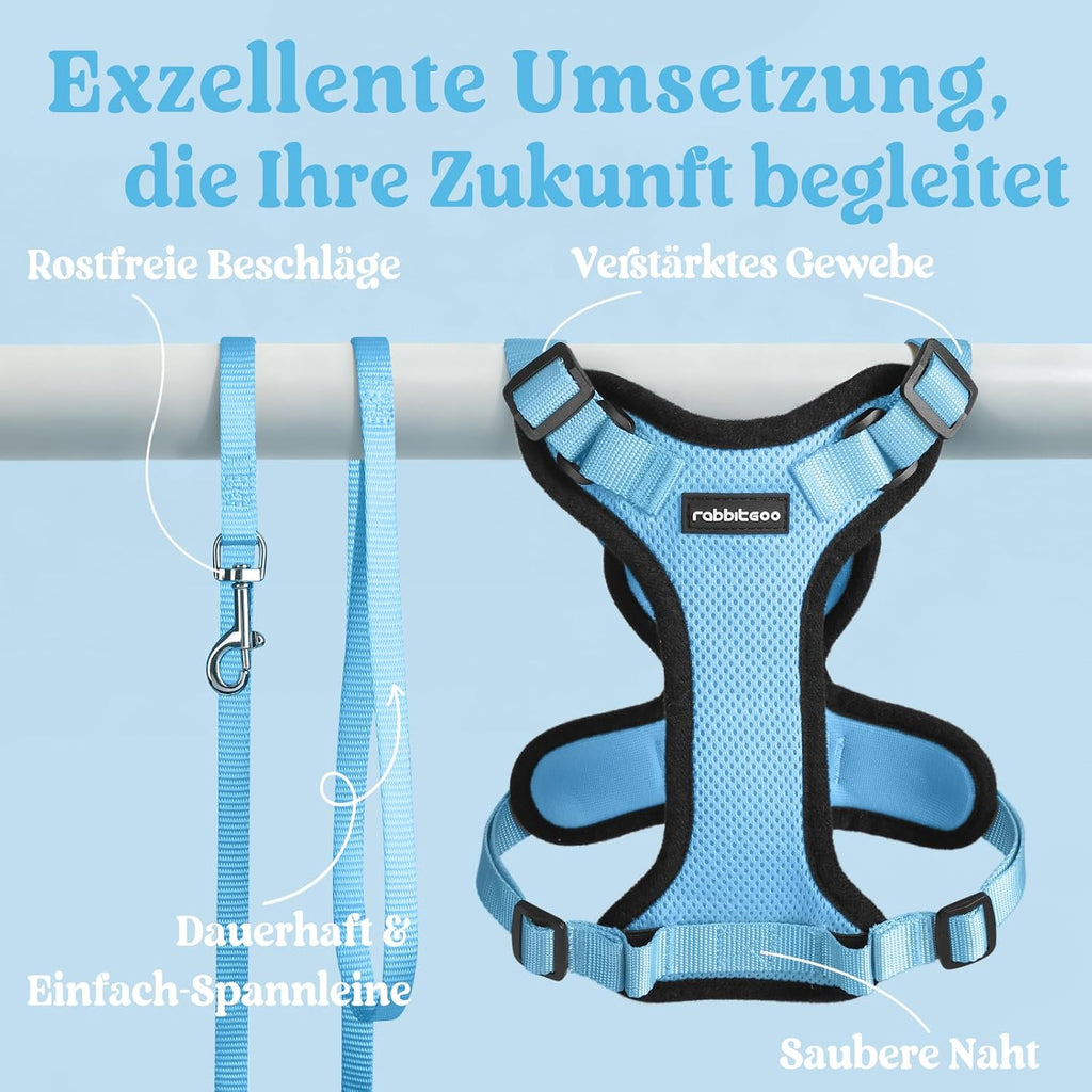 rabbitgoo Katzenweste Geschirr ausbruchsicher verstellbar XS Hellblau mit Leine